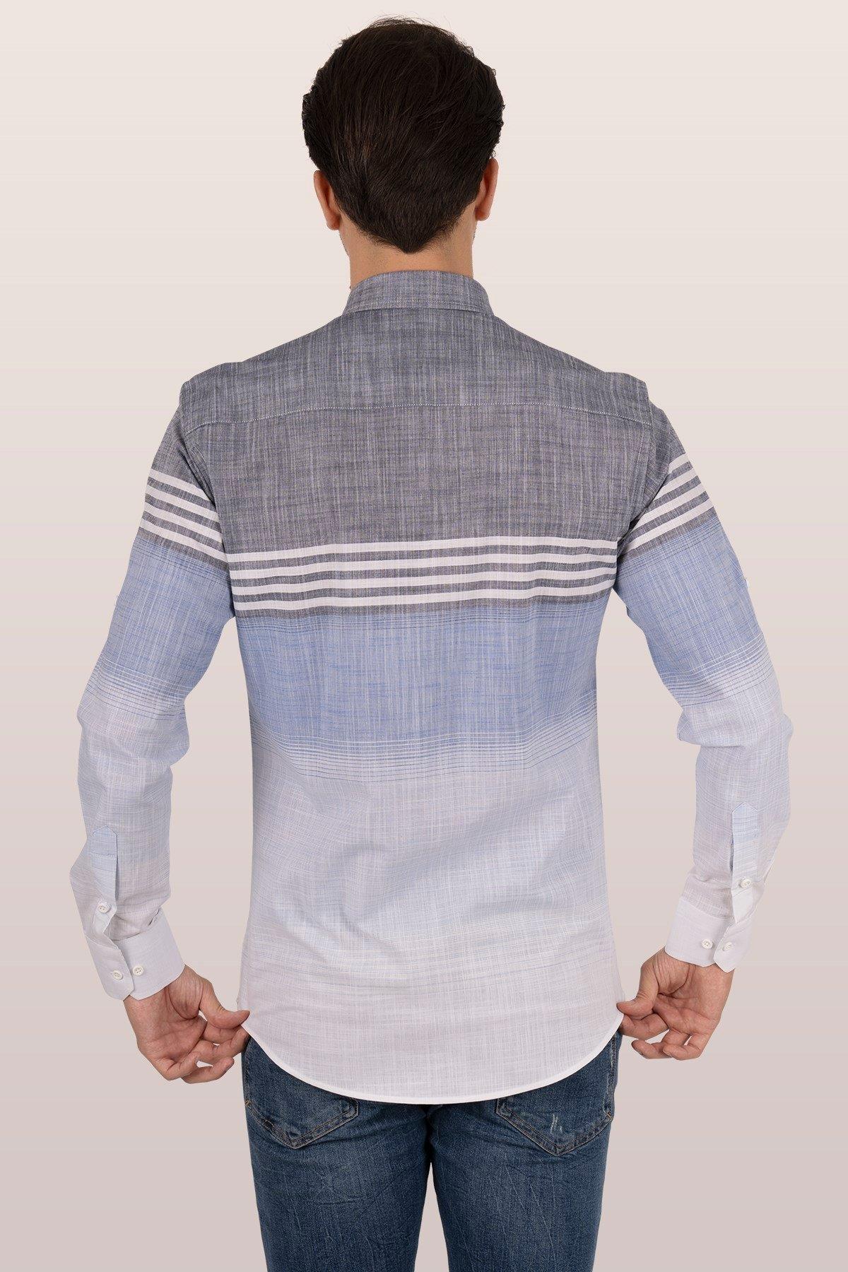 Panolu Gri Mavi Çizgili Keten Slimfit Erkek Gömlek · 7