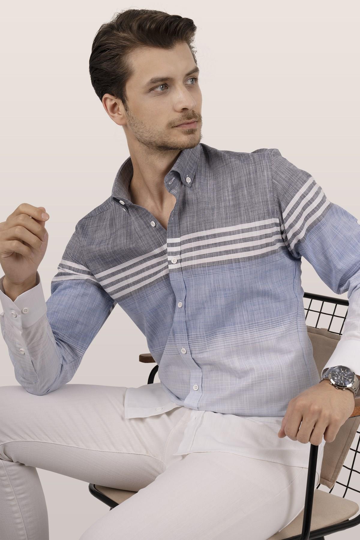 Panolu Gri Mavi Çizgili Keten Slimfit Erkek Gömlek · 5