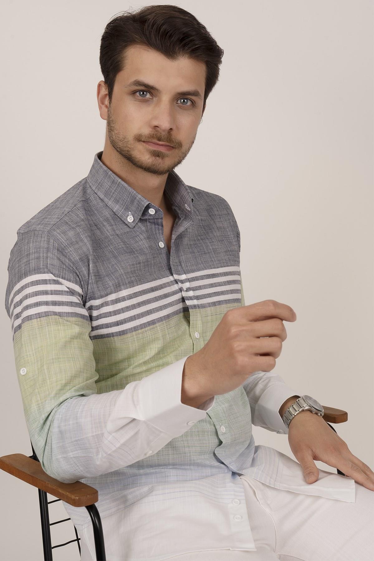 Panolu Gri Yeşil Çizgili Keten Slimfit Erkek Gömlek · 4