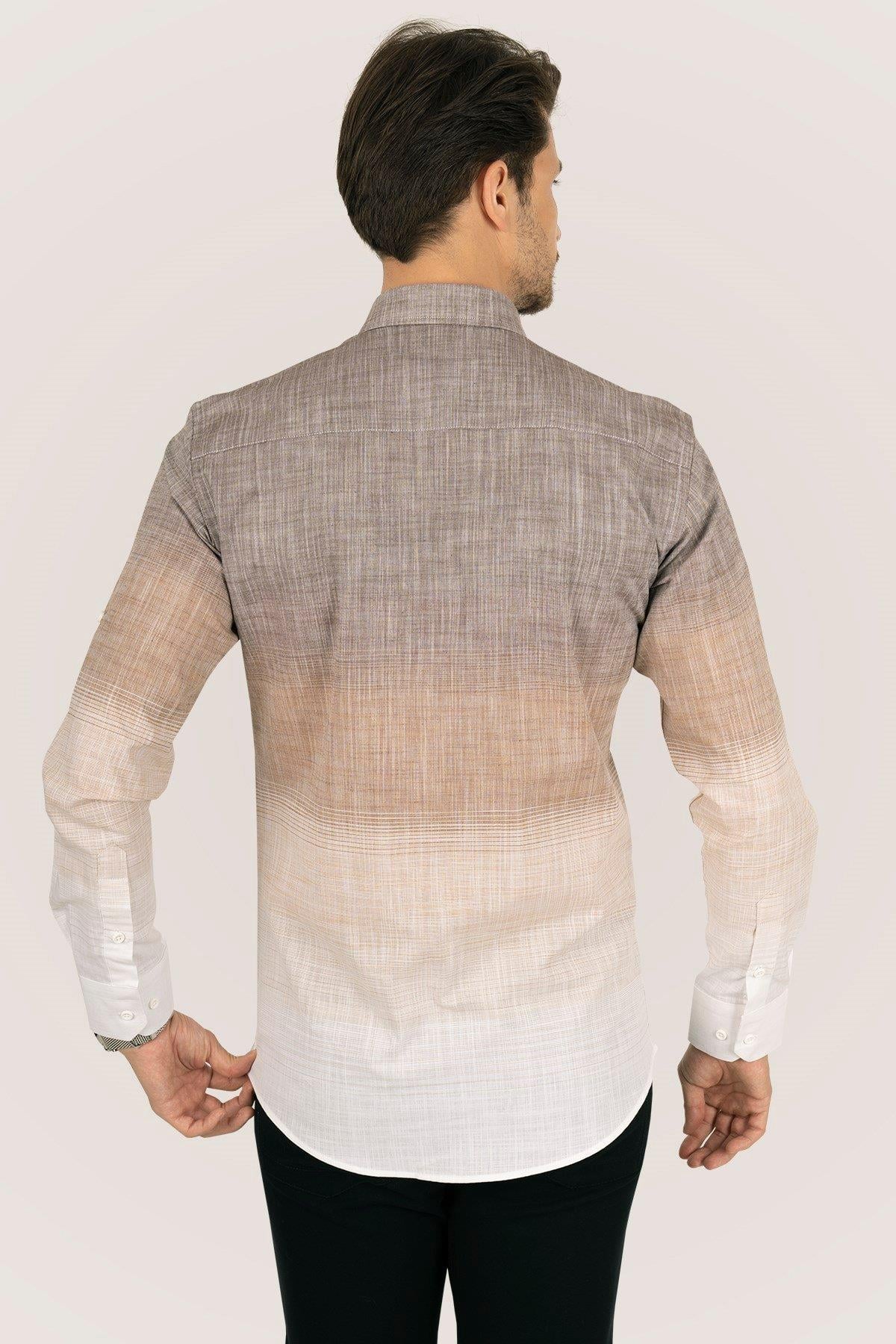 Panolu Kahve Bej Geçişli Keten Slimfit Erkek Gömlek · 8