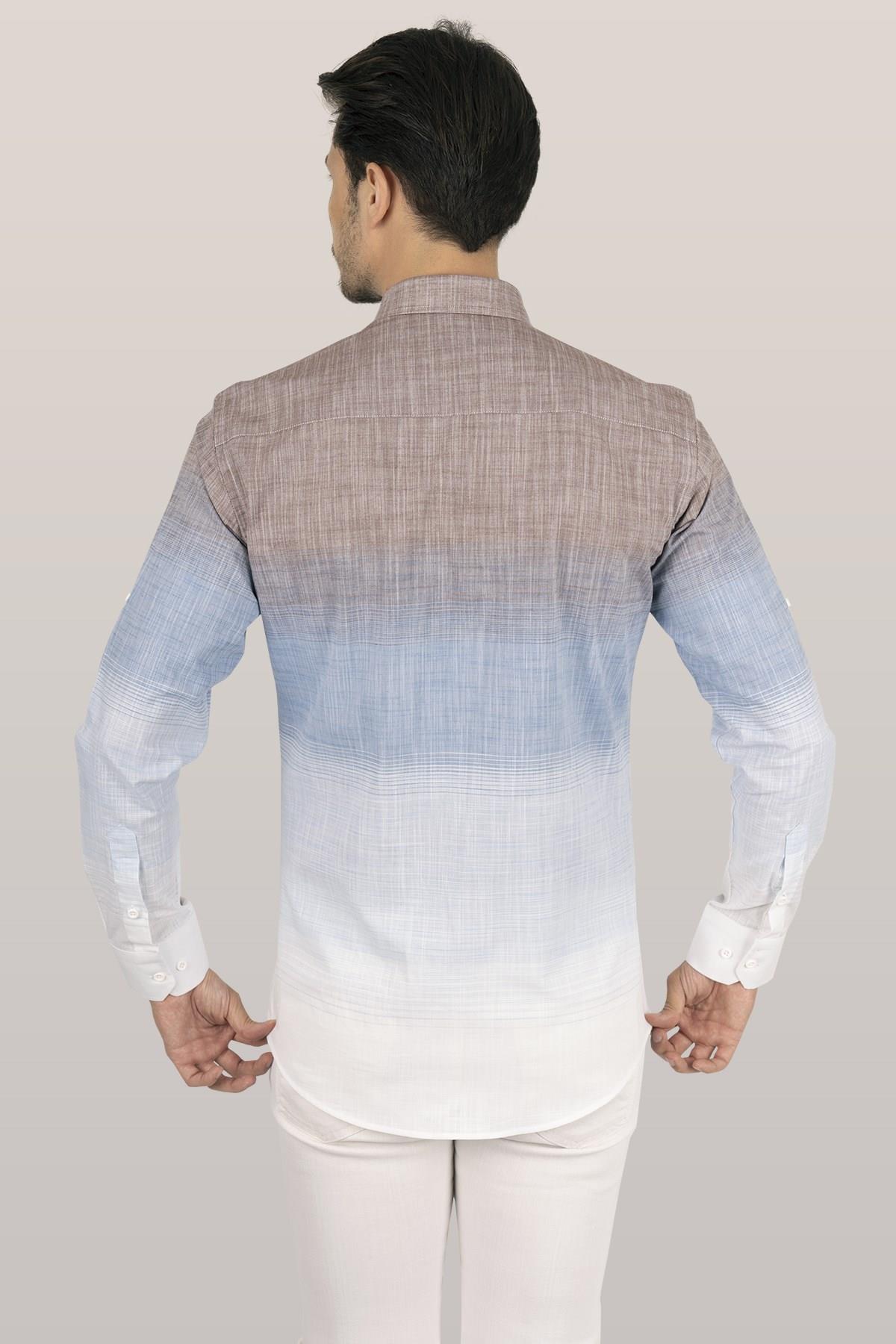 Panolu Kahve Mavi Geçişli Keten Slimfit Erkek Gömlek · 8