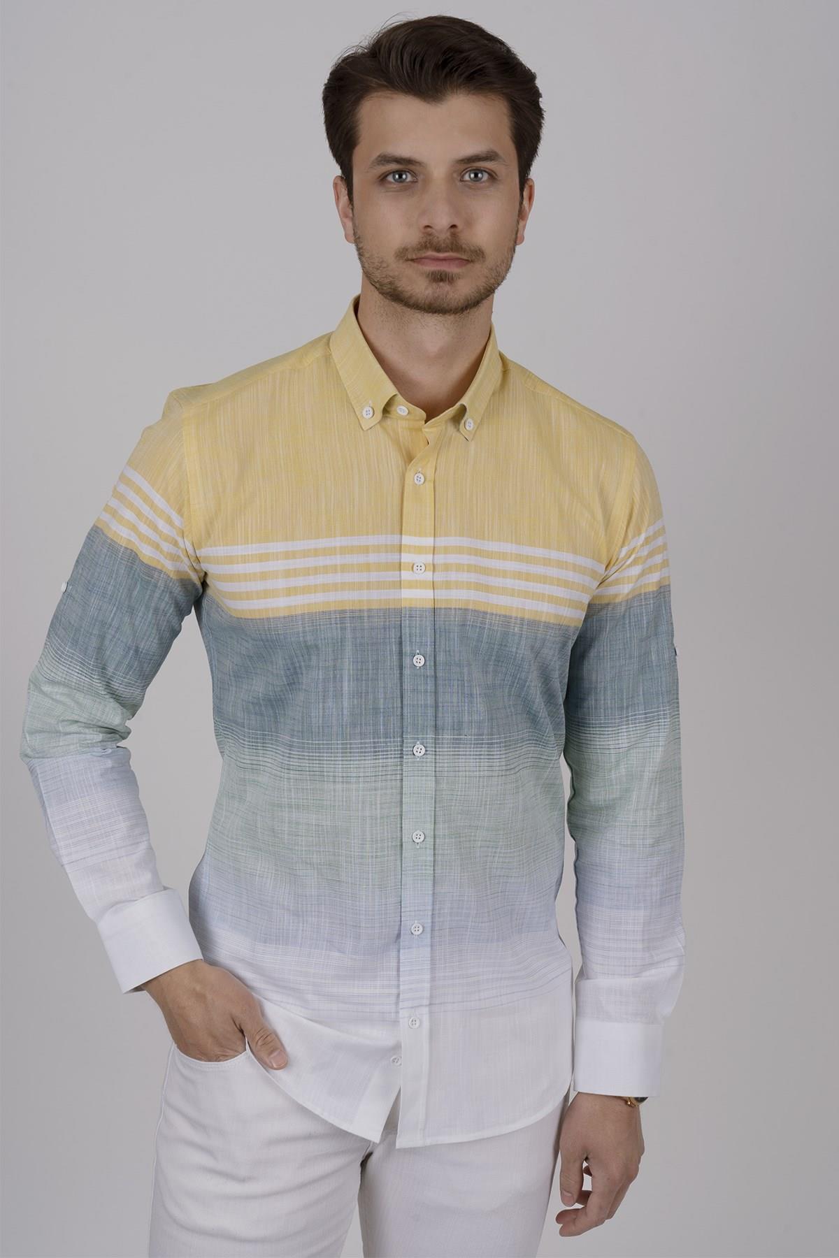 Panolu Sarı Yeşil Çizgili Keten Slimfit Erkek Gömlek · 5
