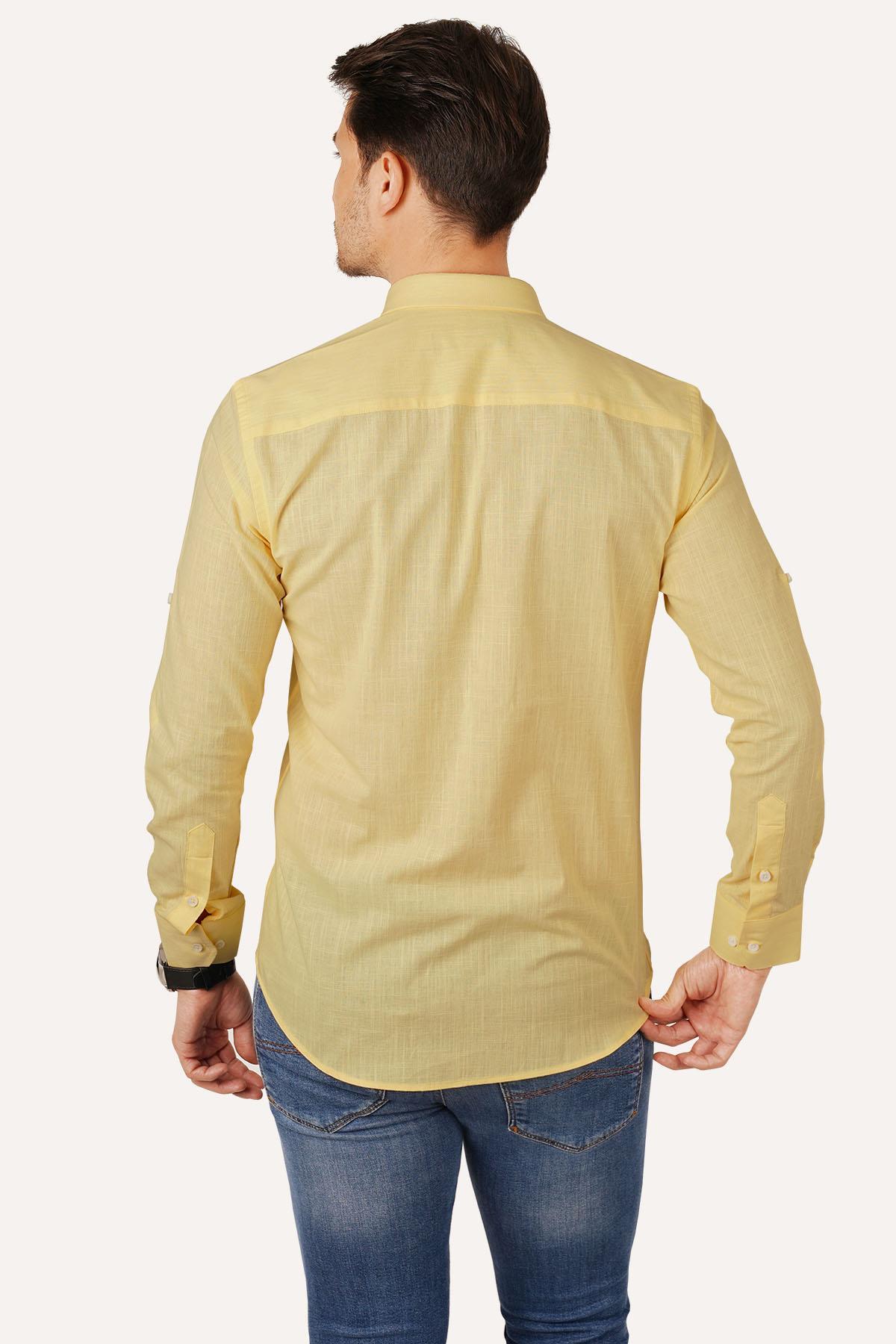 Sarı Yaka Düğmeli Keten Slimfit Erkek Gömlek · 7
