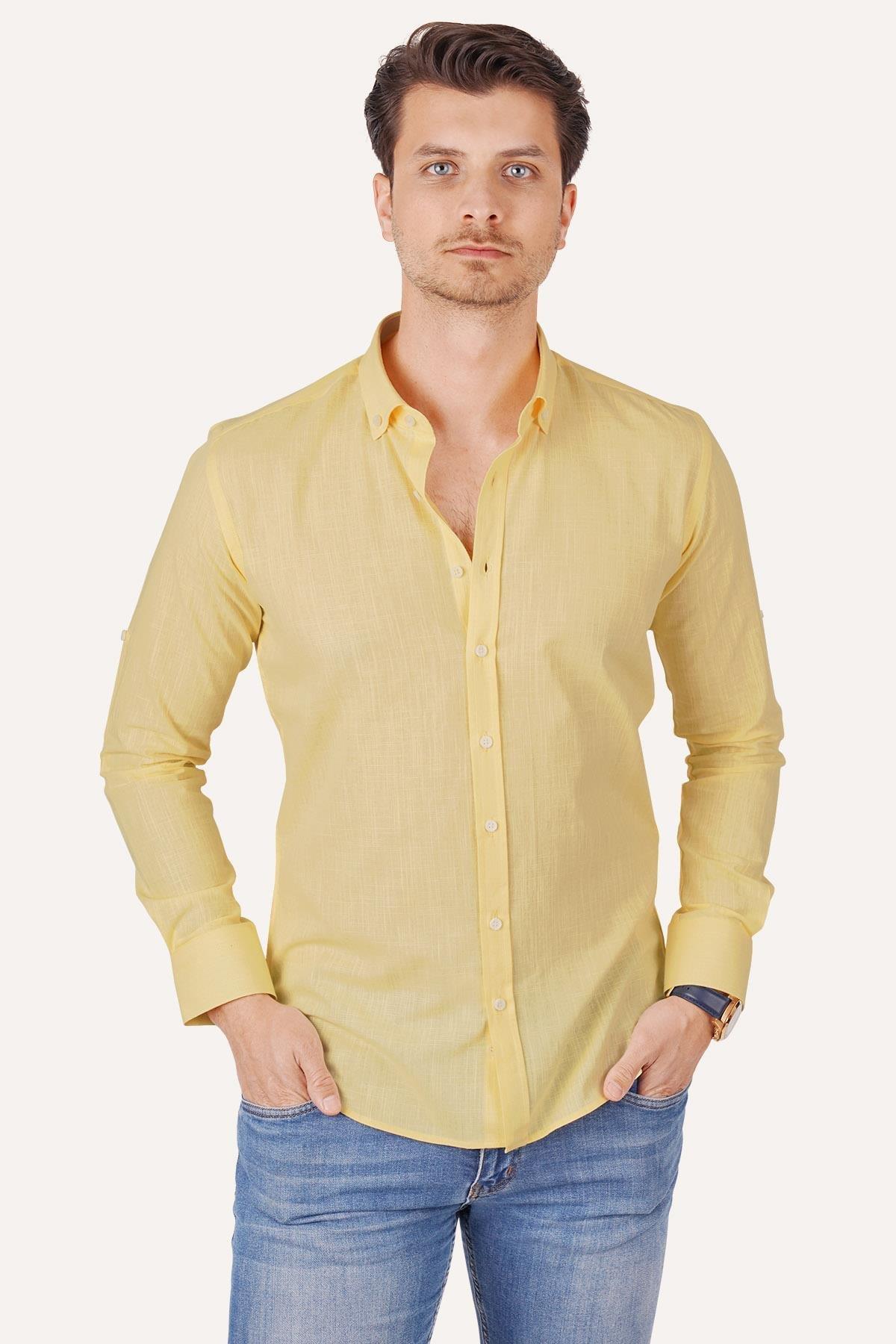 Sarı Yaka Düğmeli Keten Slimfit Erkek Gömlek · 6