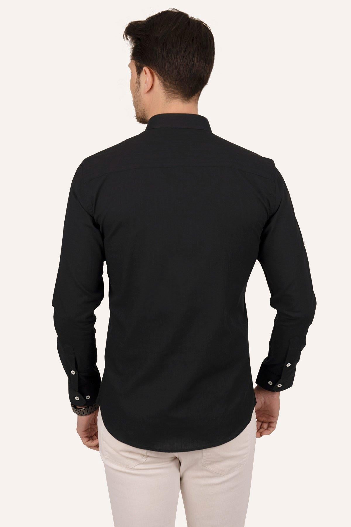 Siyah Yaka Düğmeli Keten Slimfit Erkek Gömlek · 8