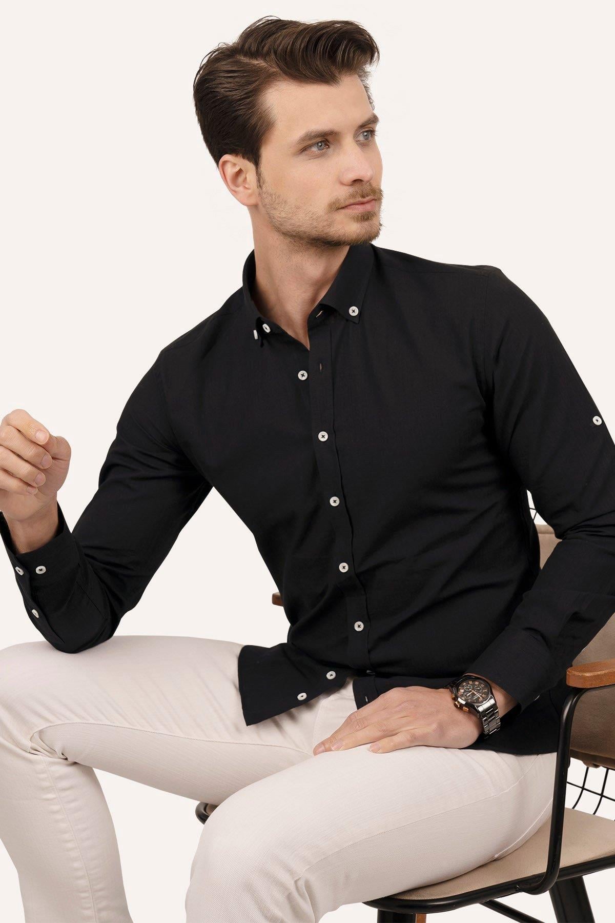 Siyah Yaka Düğmeli Keten Slimfit Erkek Gömlek · 4
