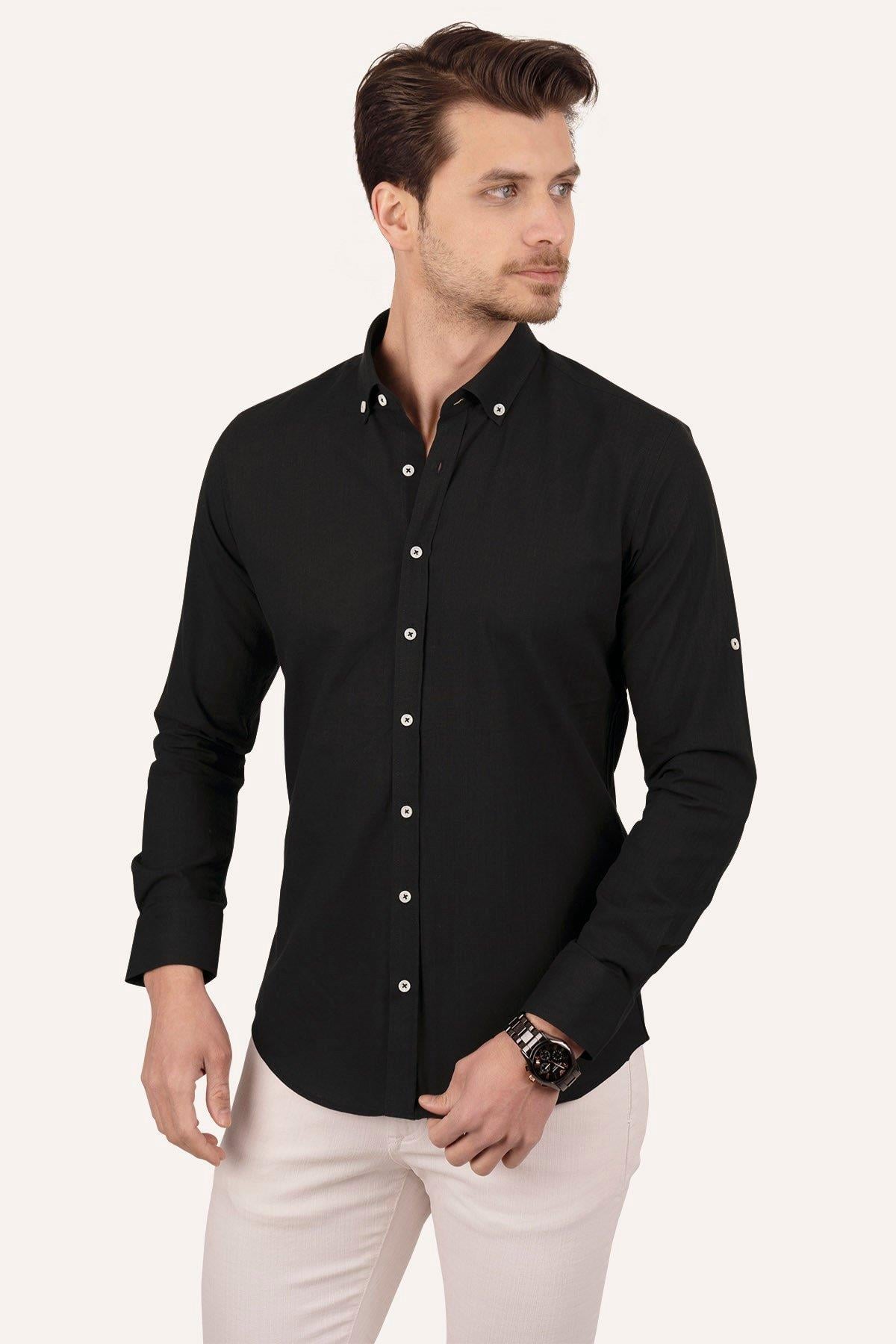 Siyah Yaka Düğmeli Keten Slimfit Erkek Gömlek · 9