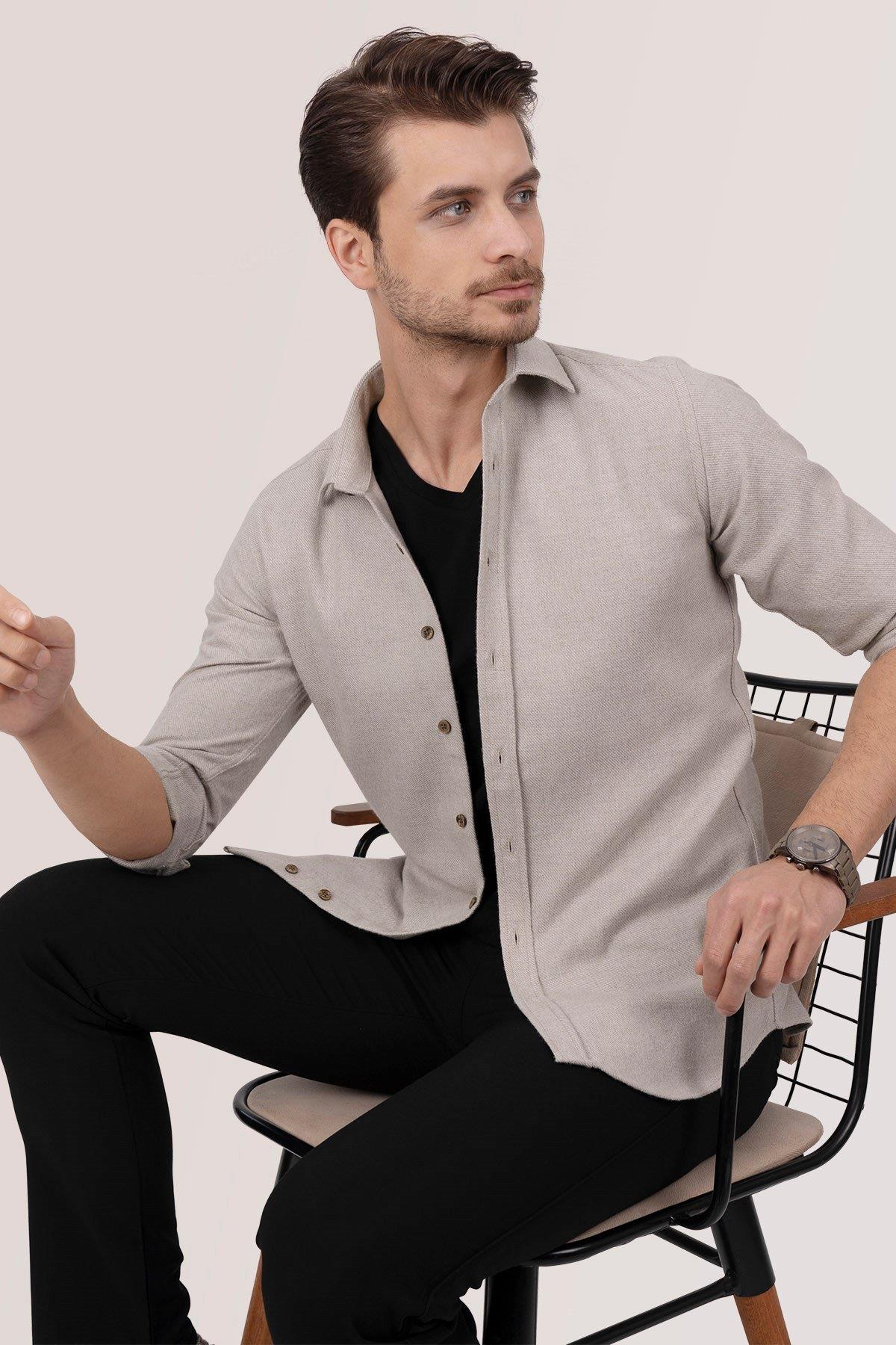 Sütlü Kahve Düz Slimfit Oduncu Erkek Gömlek · 2