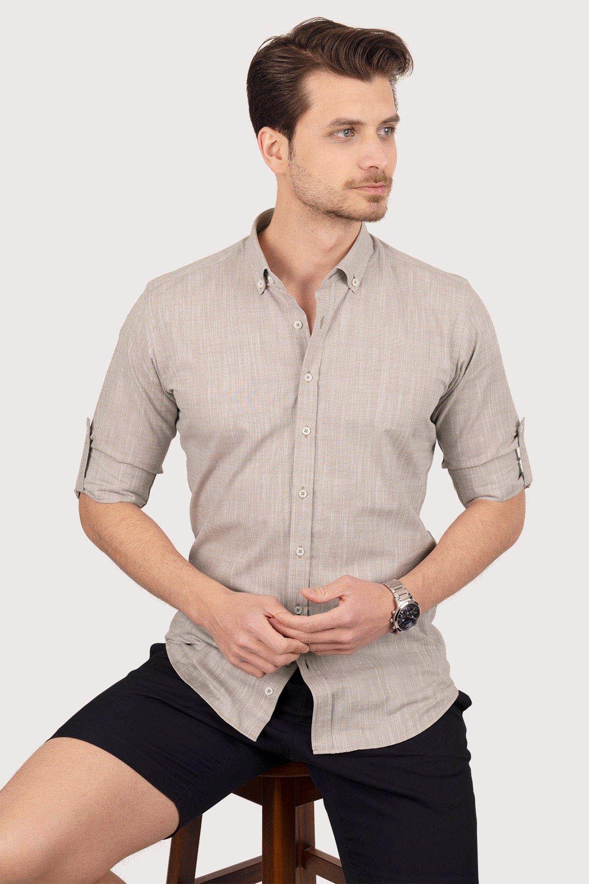 Sütlü Kahve Yaka Düğmeli Keten Slimfit Erkek Gömlek · 3