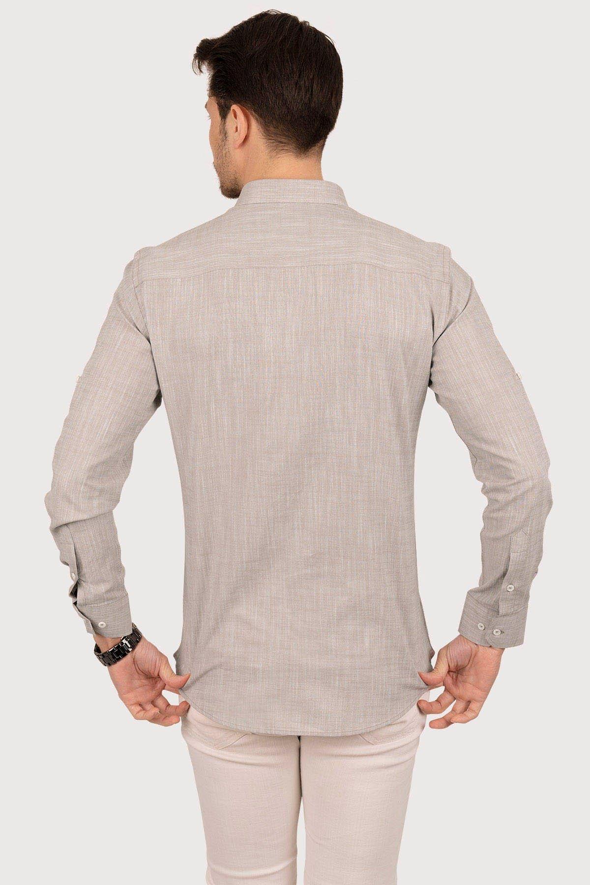 Sütlü Kahve Yaka Düğmeli Keten Slimfit Erkek Gömlek · 8