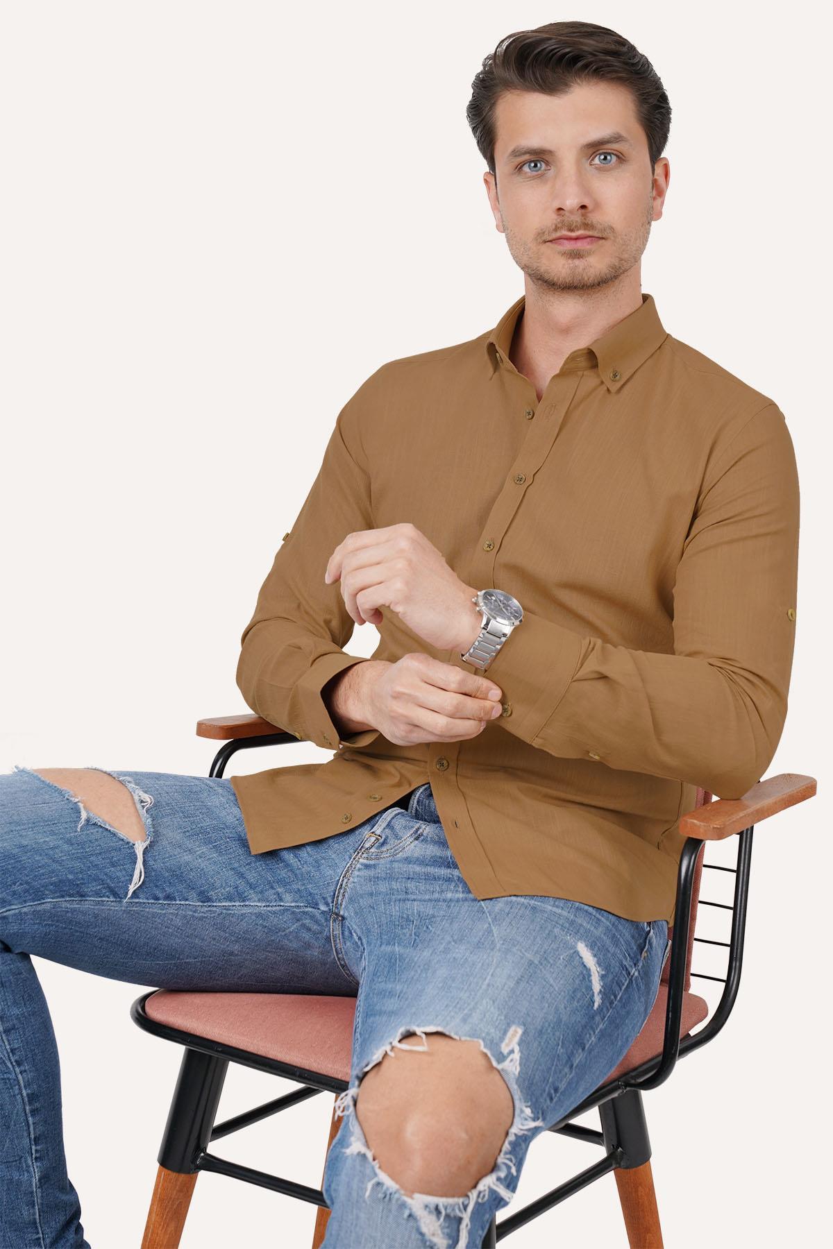 Taba Yaka Düğmeli Keten Slimfit Erkek Gömlek · 3