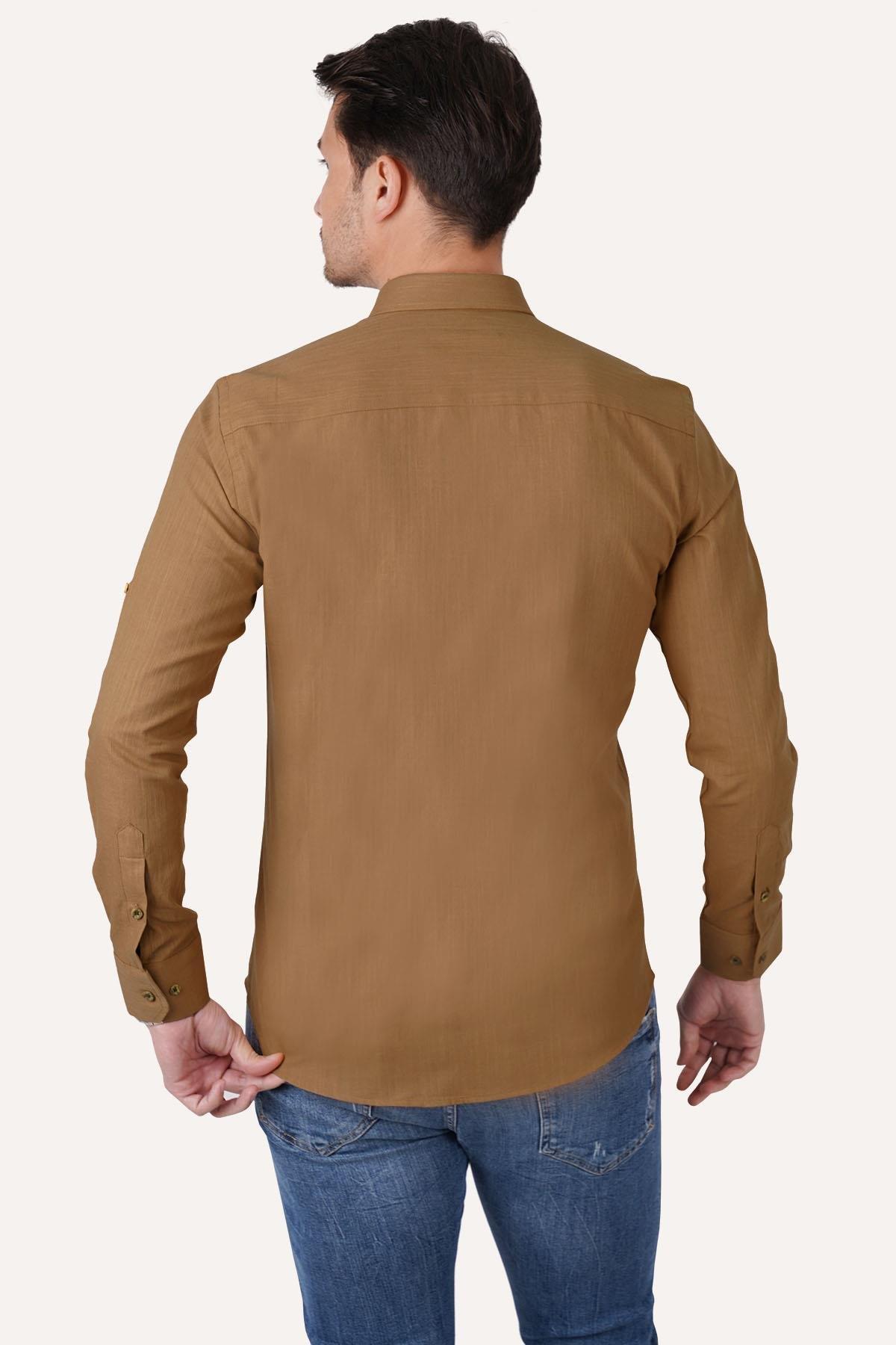 Taba Yaka Düğmeli Keten Slimfit Erkek Gömlek · 7