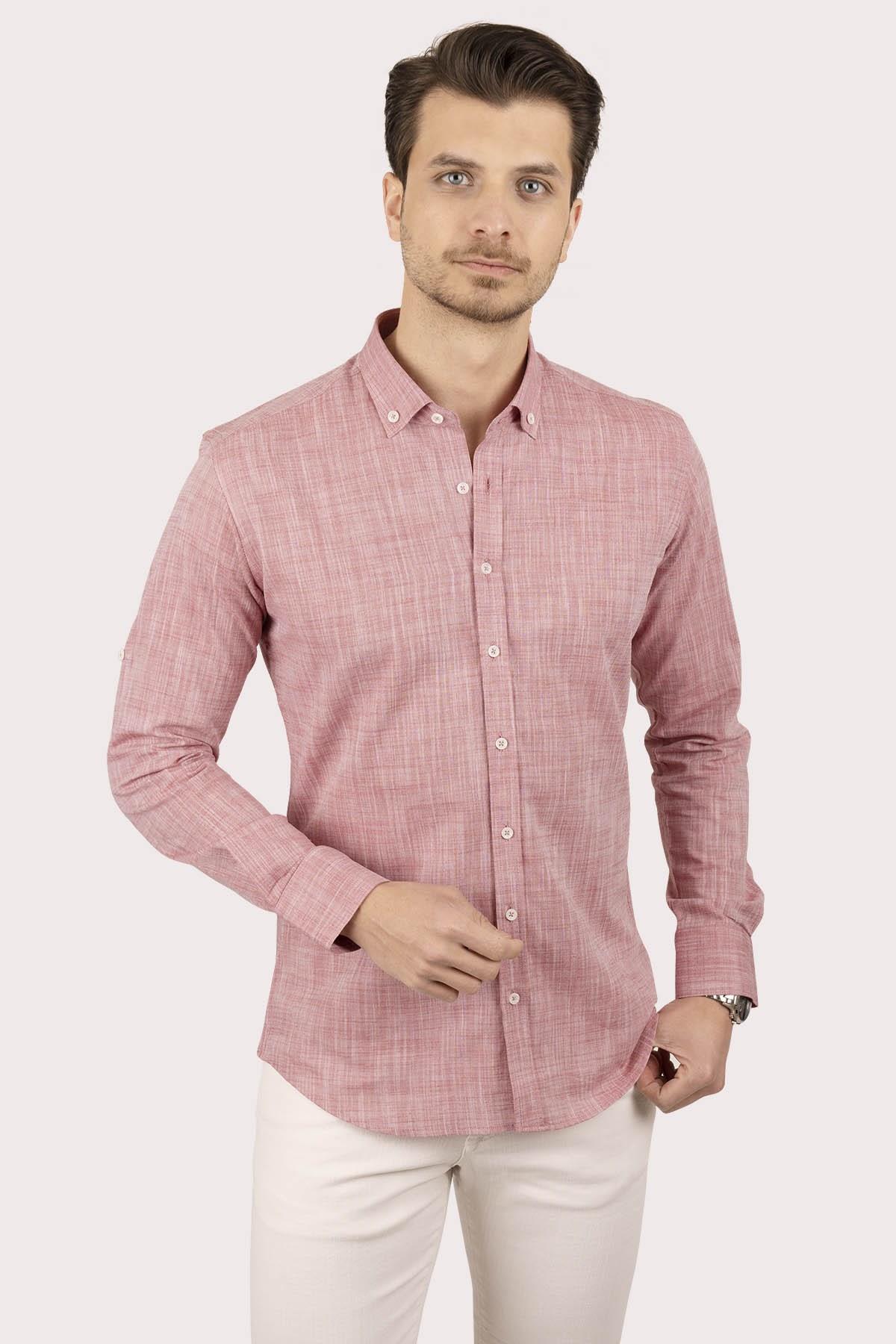 Vişne Yaka Düğmeli Keten Slimfit Erkek Gömlek · 7