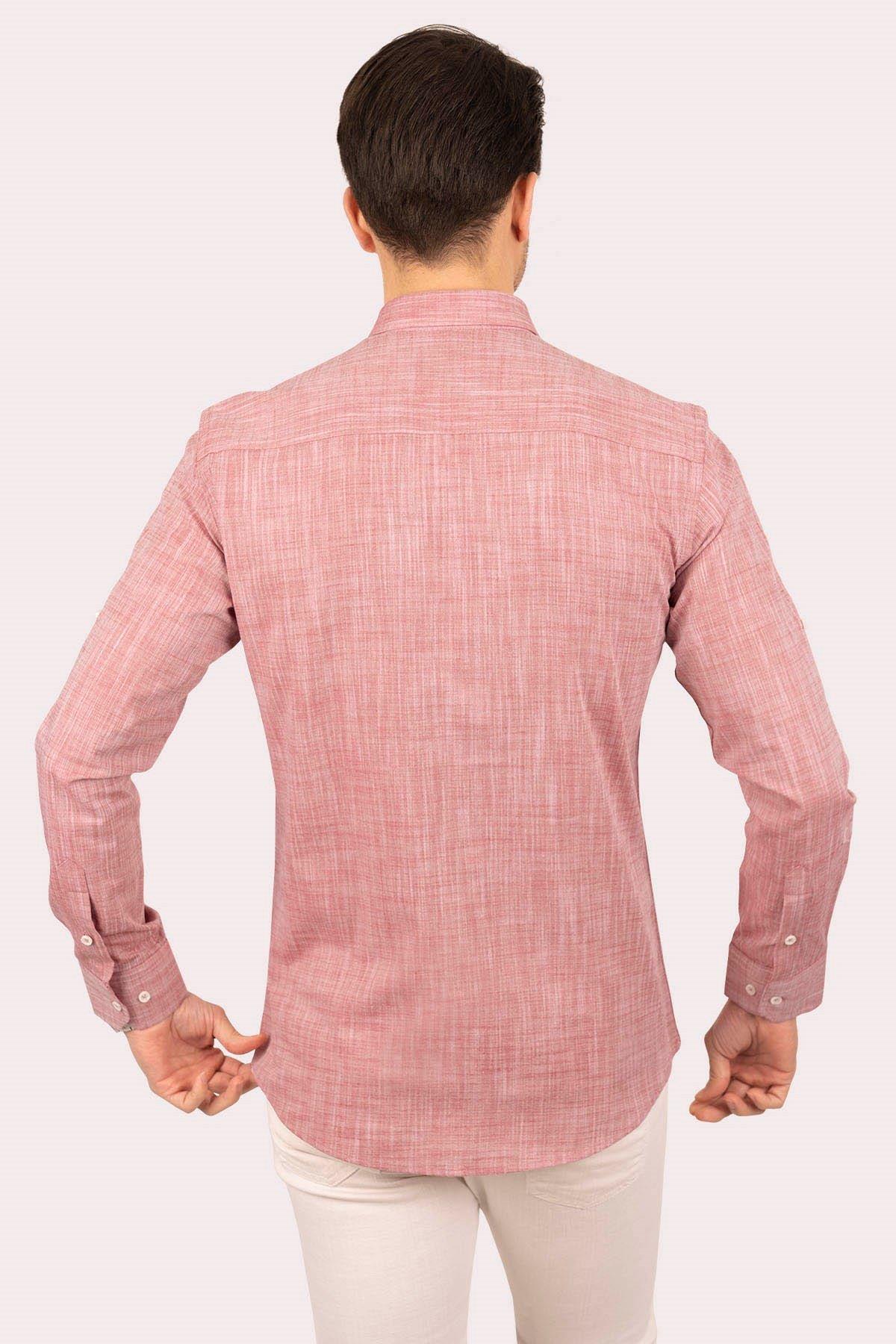 Vişne Yaka Düğmeli Keten Slimfit Erkek Gömlek · 9