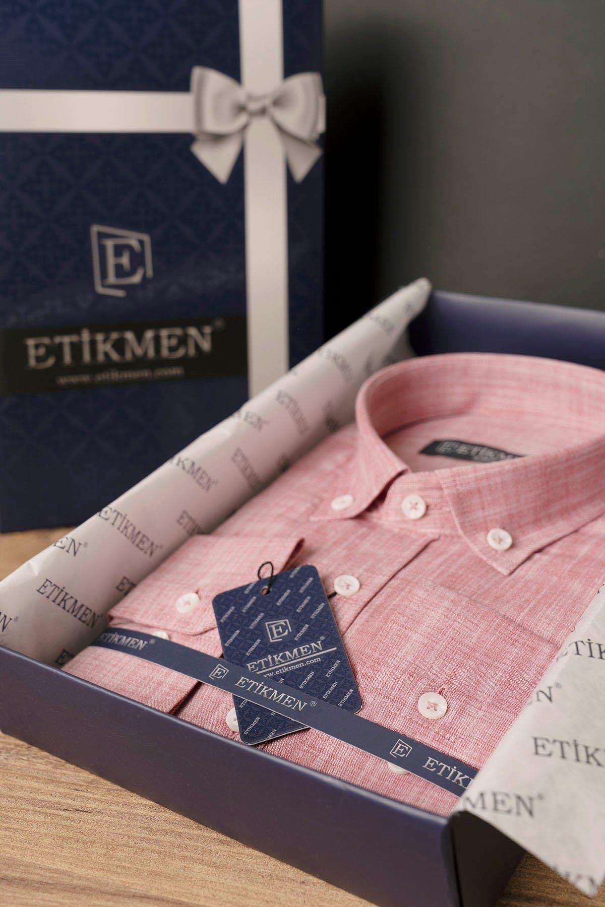 Vişne Yaka Düğmeli Keten Slimfit Erkek Gömlek · 8