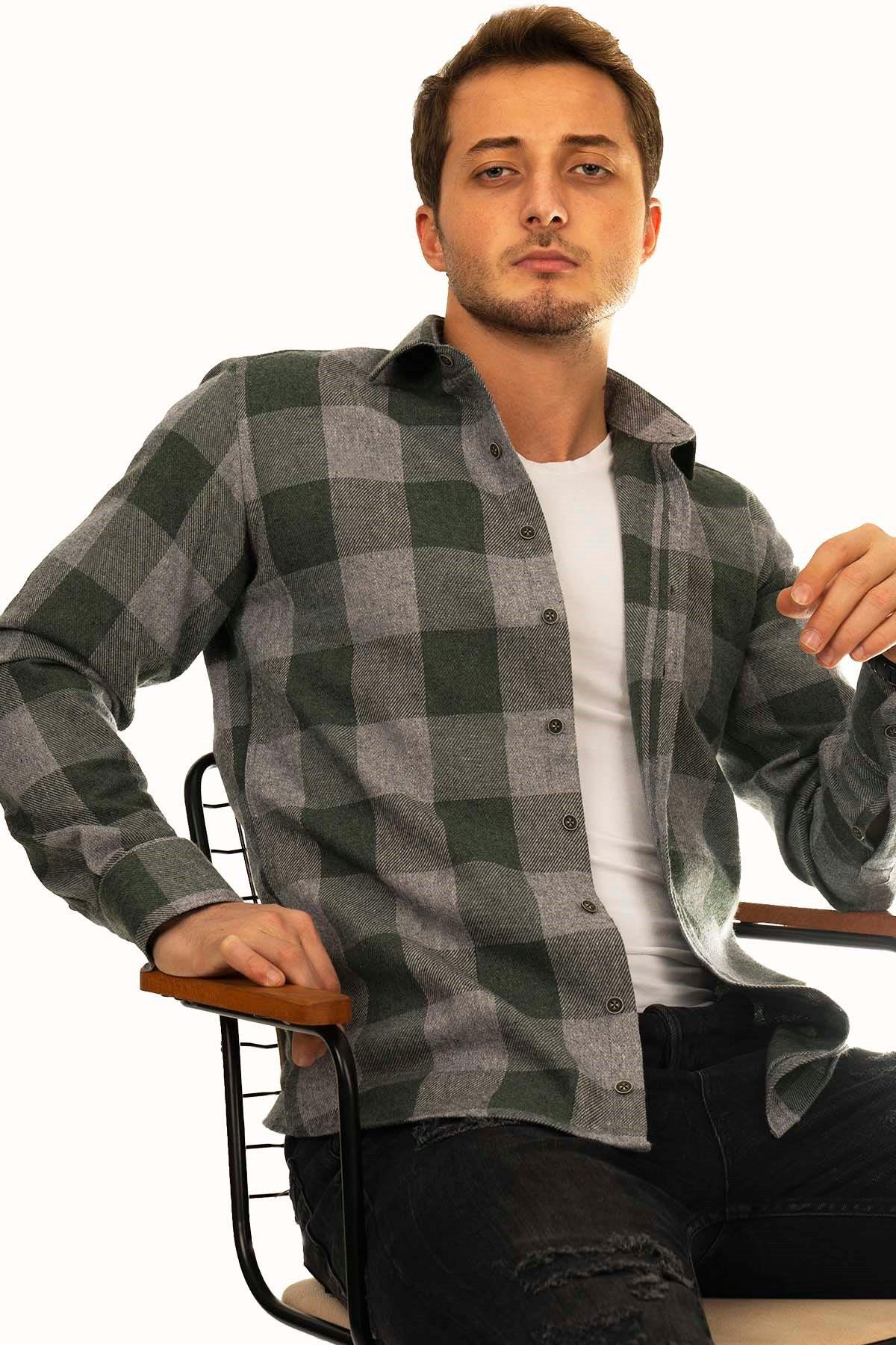 Yeşil Gri Dama Desenli Slimfit Oduncu Erkek Gömlek · 2