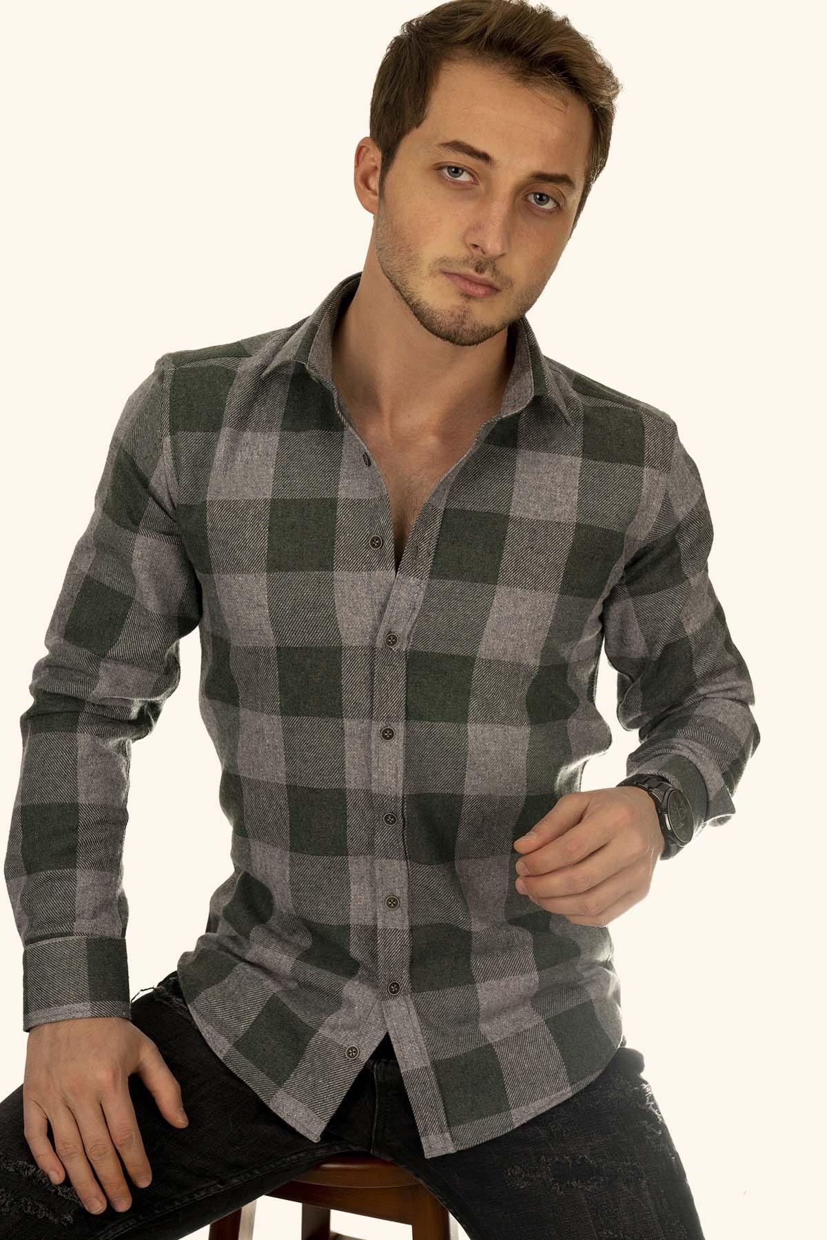 Yeşil Gri Dama Desenli Slimfit Oduncu Erkek Gömlek · 6