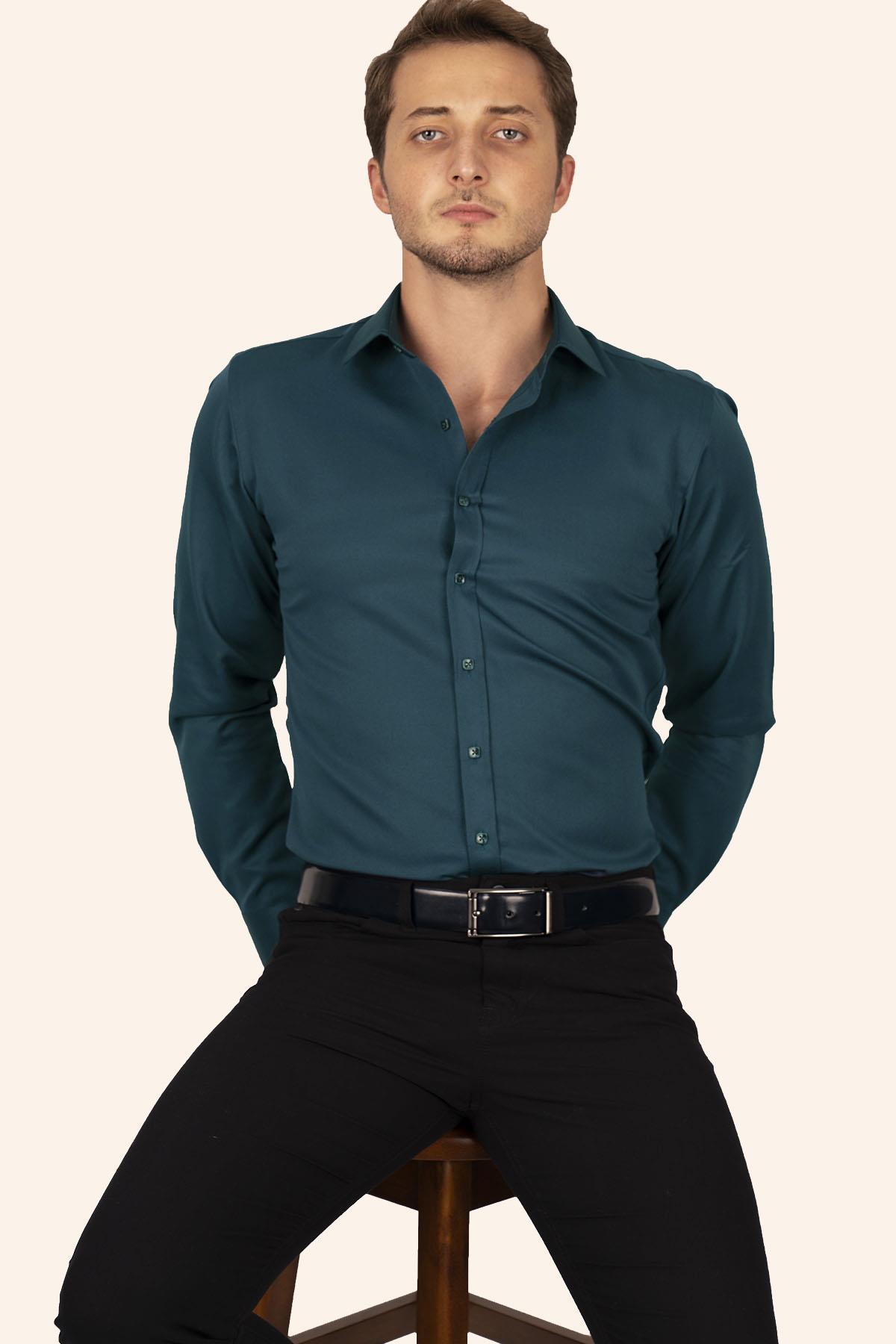 Petrol Mavisi Kare Düğmeli Slimfit Erkek Gömlek · 3