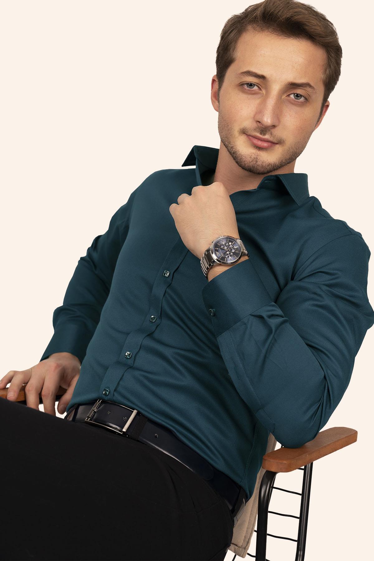 Petrol Mavisi Kare Düğmeli Slimfit Erkek Gömlek · 6