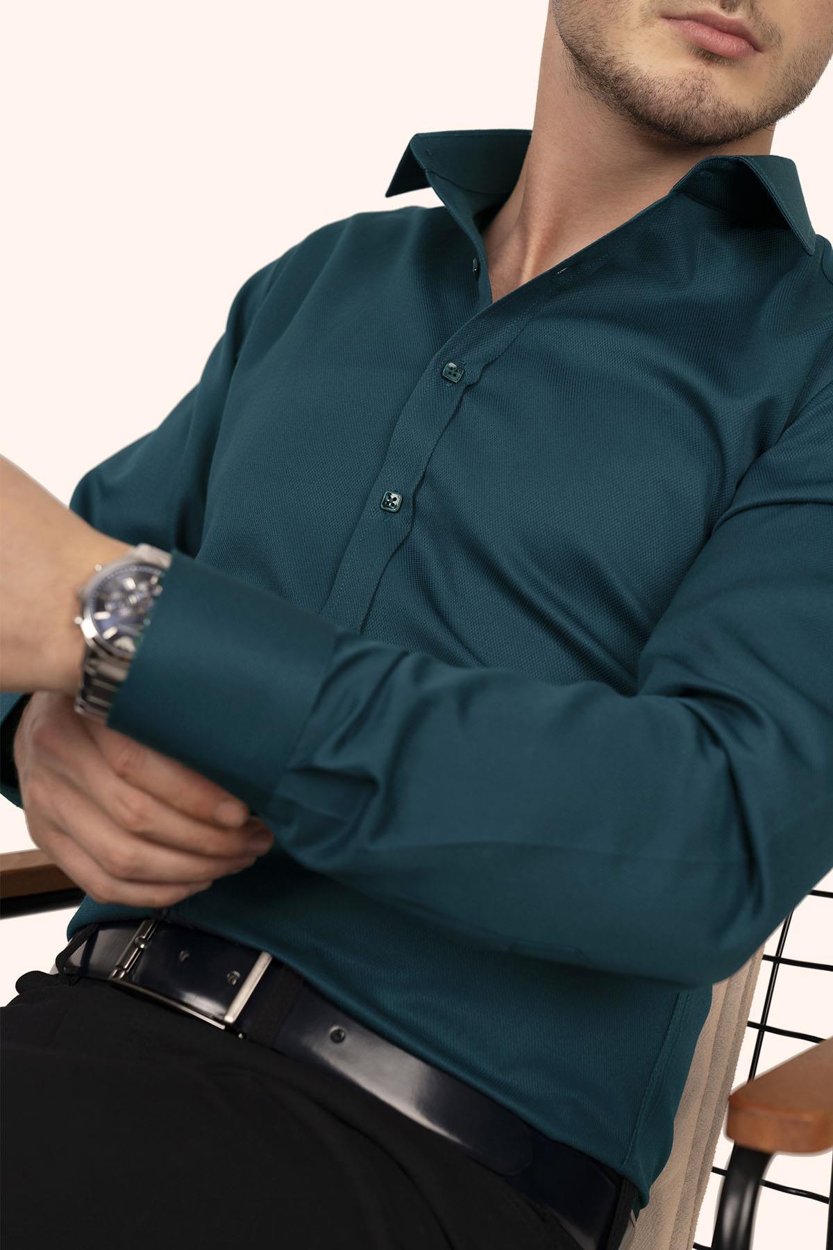 Petrol Mavisi Kare Düğmeli Slimfit Erkek Gömlek · 2