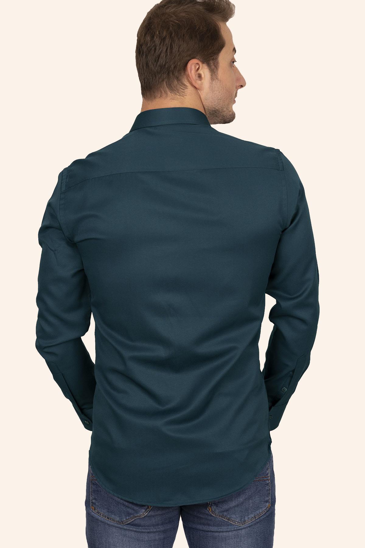 Petrol Mavisi Kare Düğmeli Slimfit Erkek Gömlek · 9