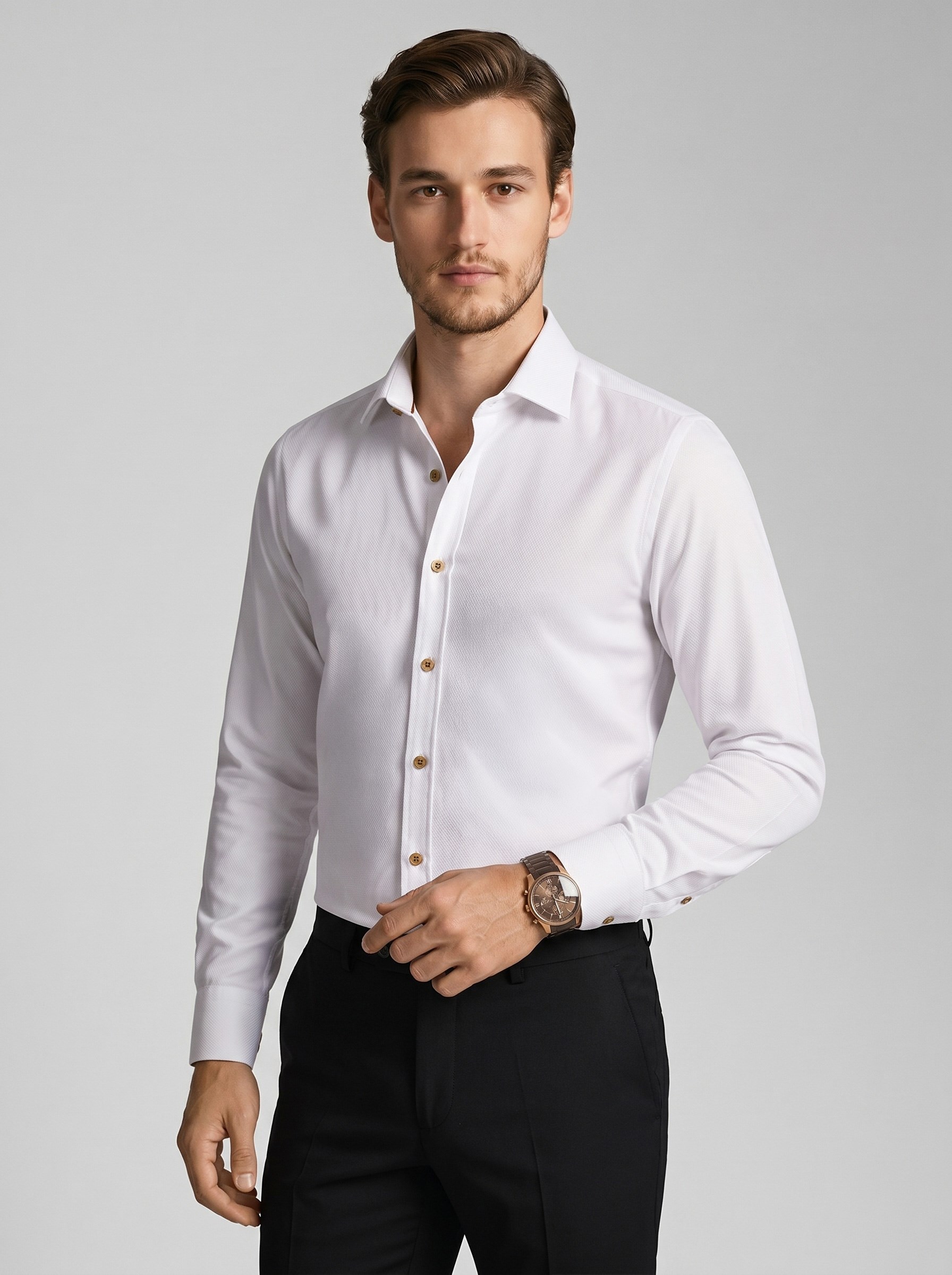 Beyaz Kahve Düğmeli Slimfit Erkek Gömlek