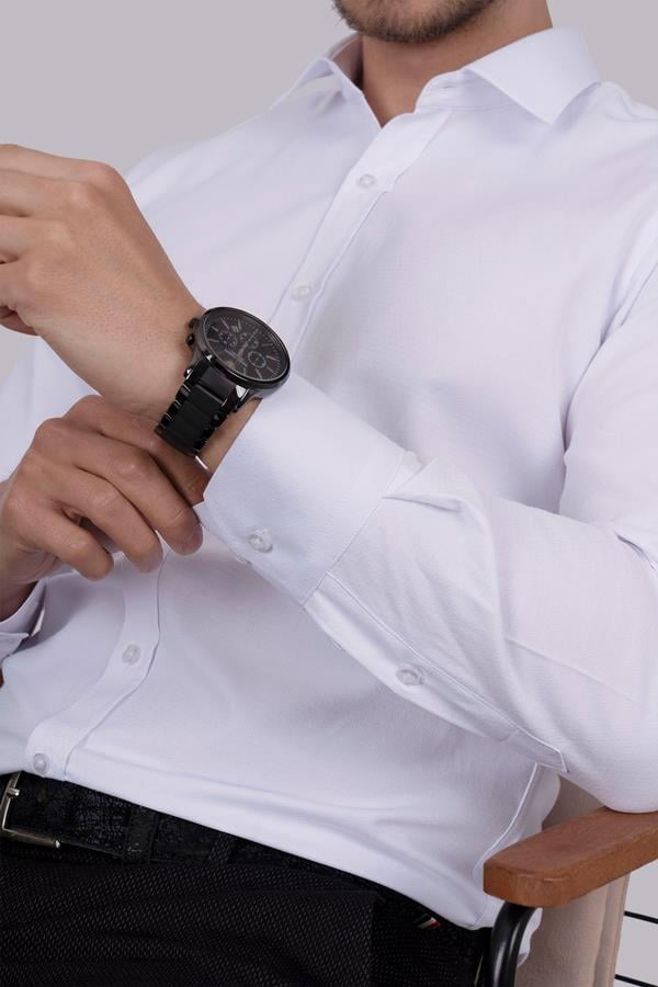 Beyaz Sedef Düğmeli Slimfit Erkek Gömlek · 2