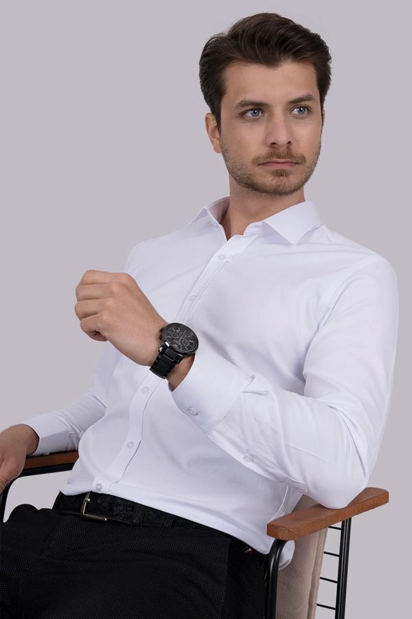Beyaz Sedef Düğmeli Slimfit Erkek Gömlek · 5