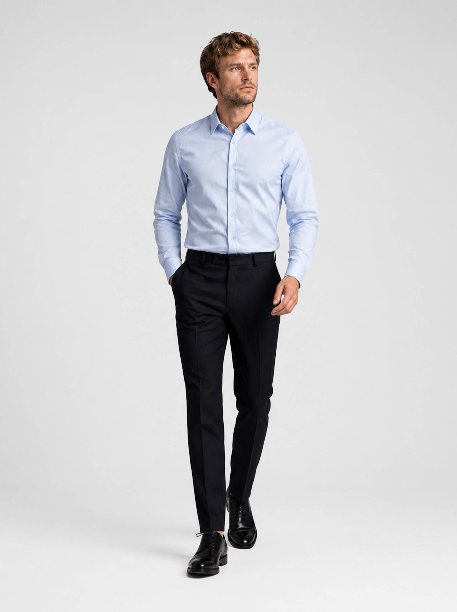 Buz Mavi Kare Düğmeli Slimfit Erkek Gömlek