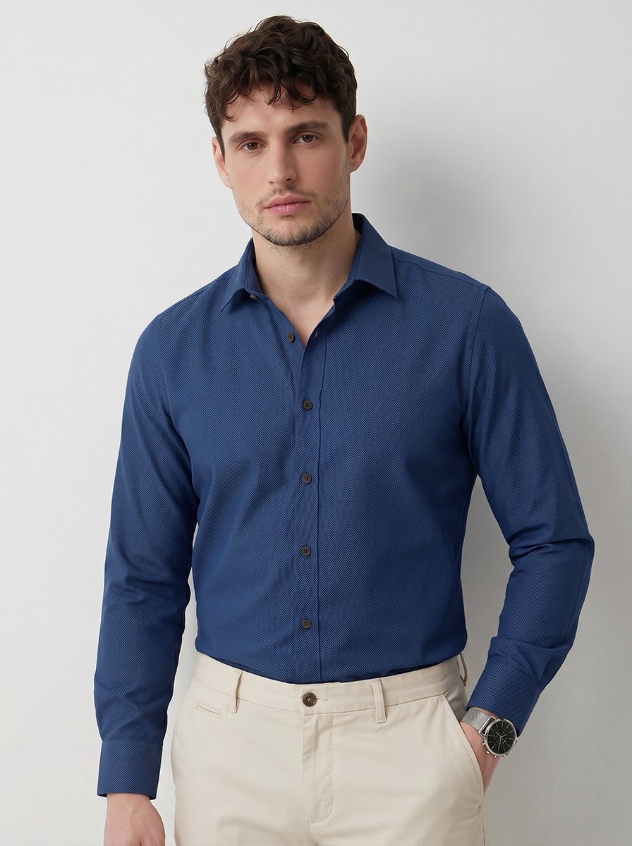 indigo Kahve Düğmeli Slimfit Erkek Gömlek · 2