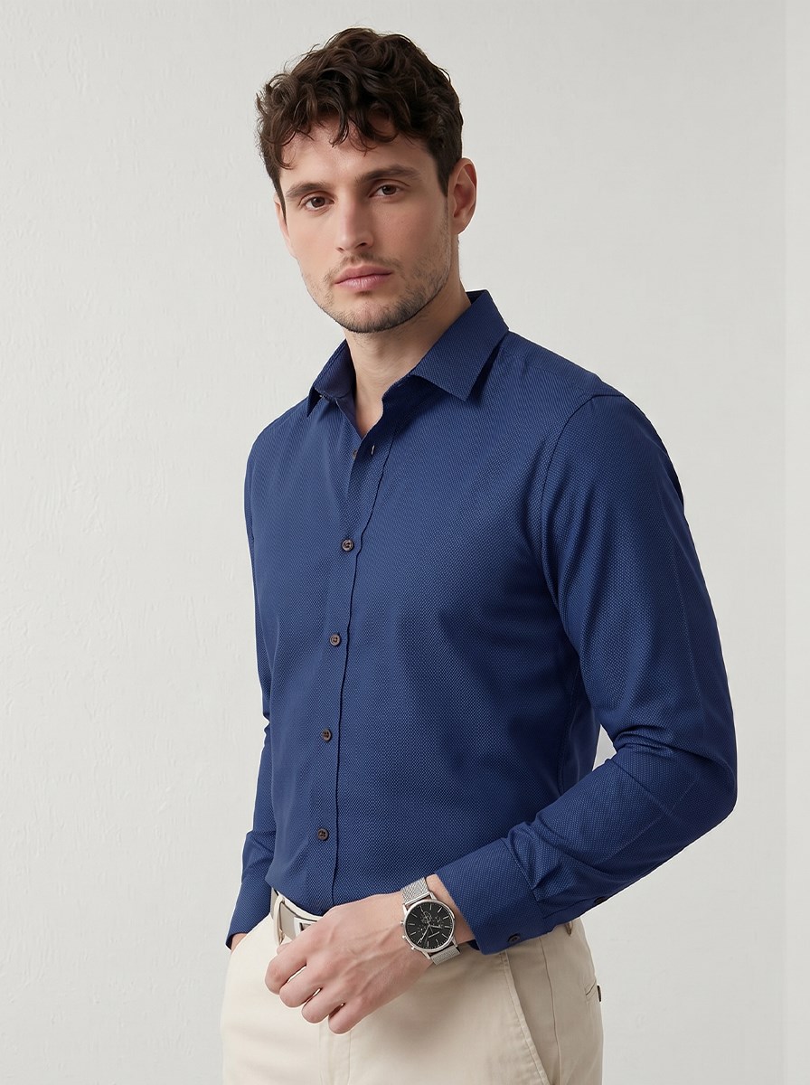 indigo Kahve Düğmeli Slimfit Erkek Gömlek · 3