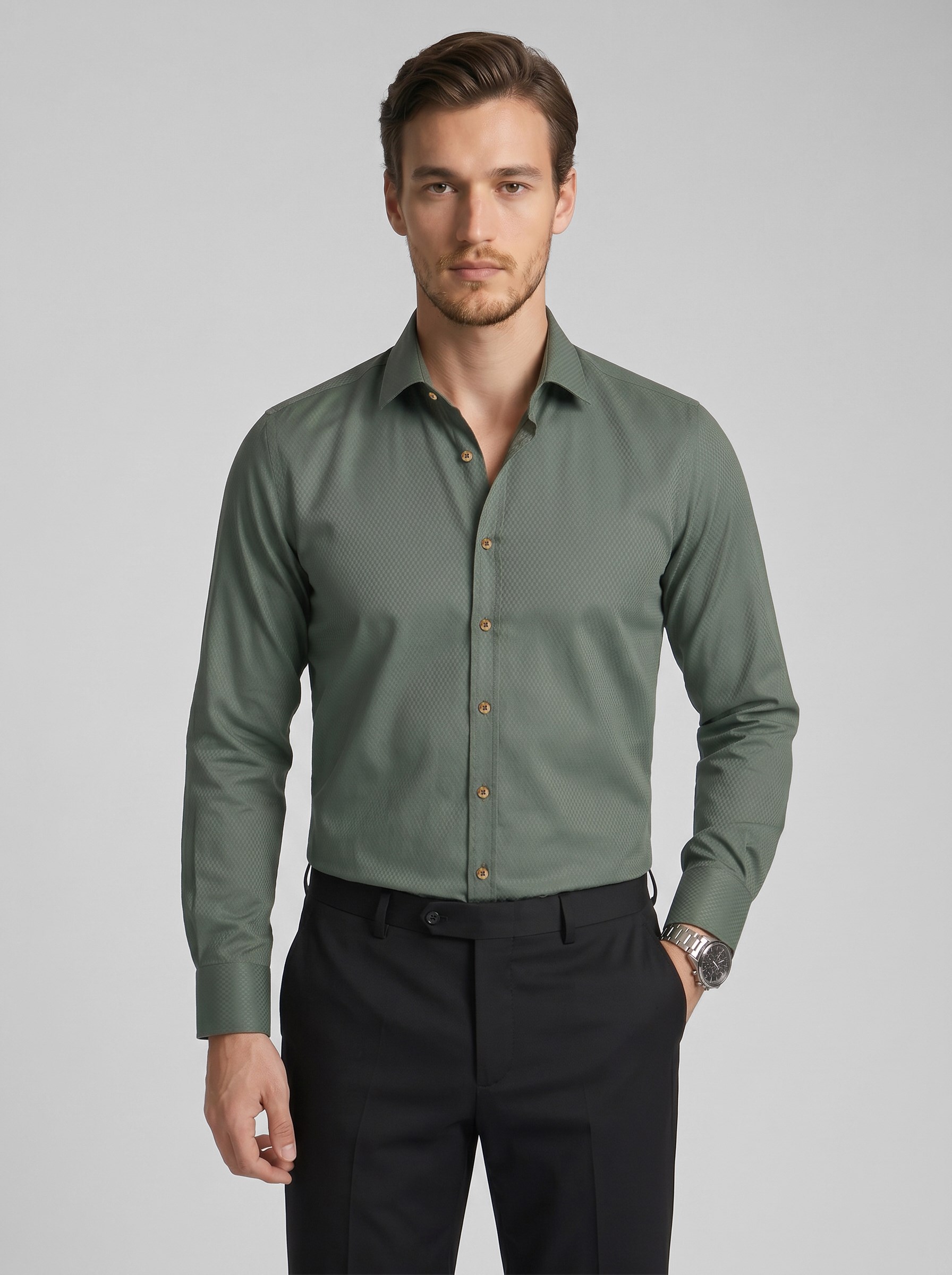 Kaktüs Yeşili Kahve Düğme Slimfit Erkek Gömlek