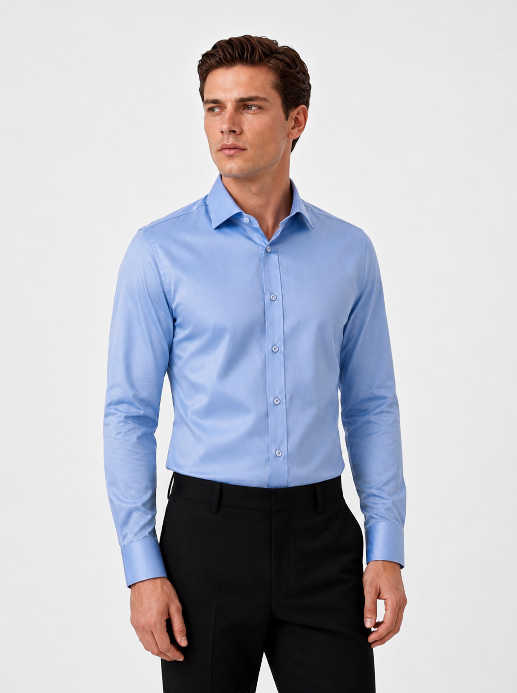 Koyu Mavi Saten Slimfit Erkek Gömlek · 2