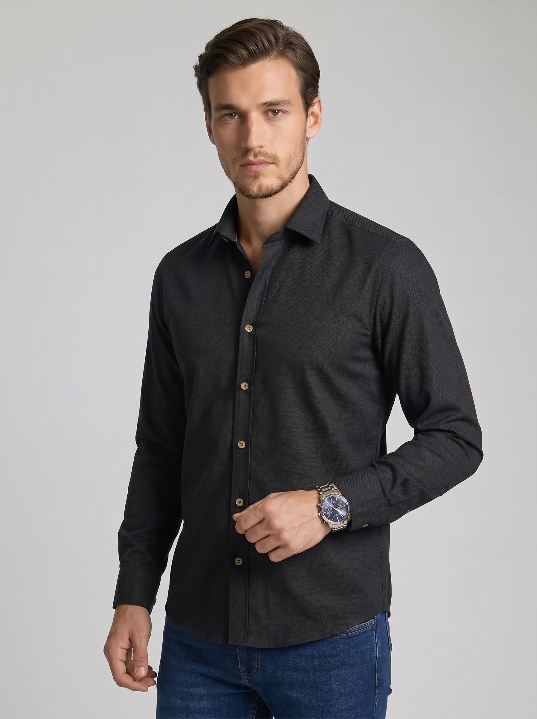 Siyah Kahve Düğmeli Slimfit Erkek Gömlek