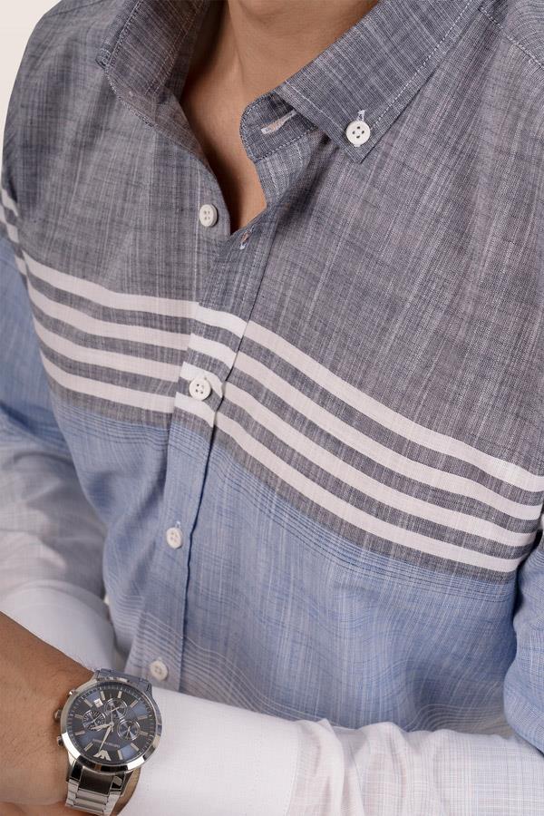 Panolu Gri Mavi Çizgili Keten Slimfit Erkek Gömlek · 2