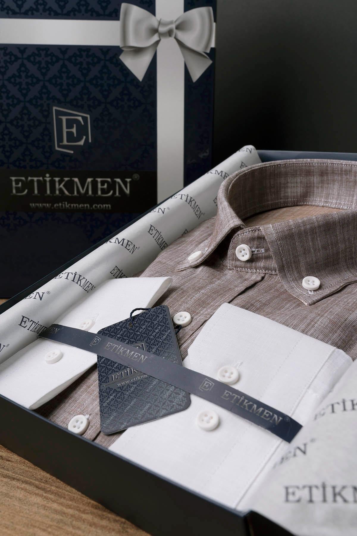 Panolu Kahve Bej Geçişli Keten Slimfit Erkek Gömlek · 4