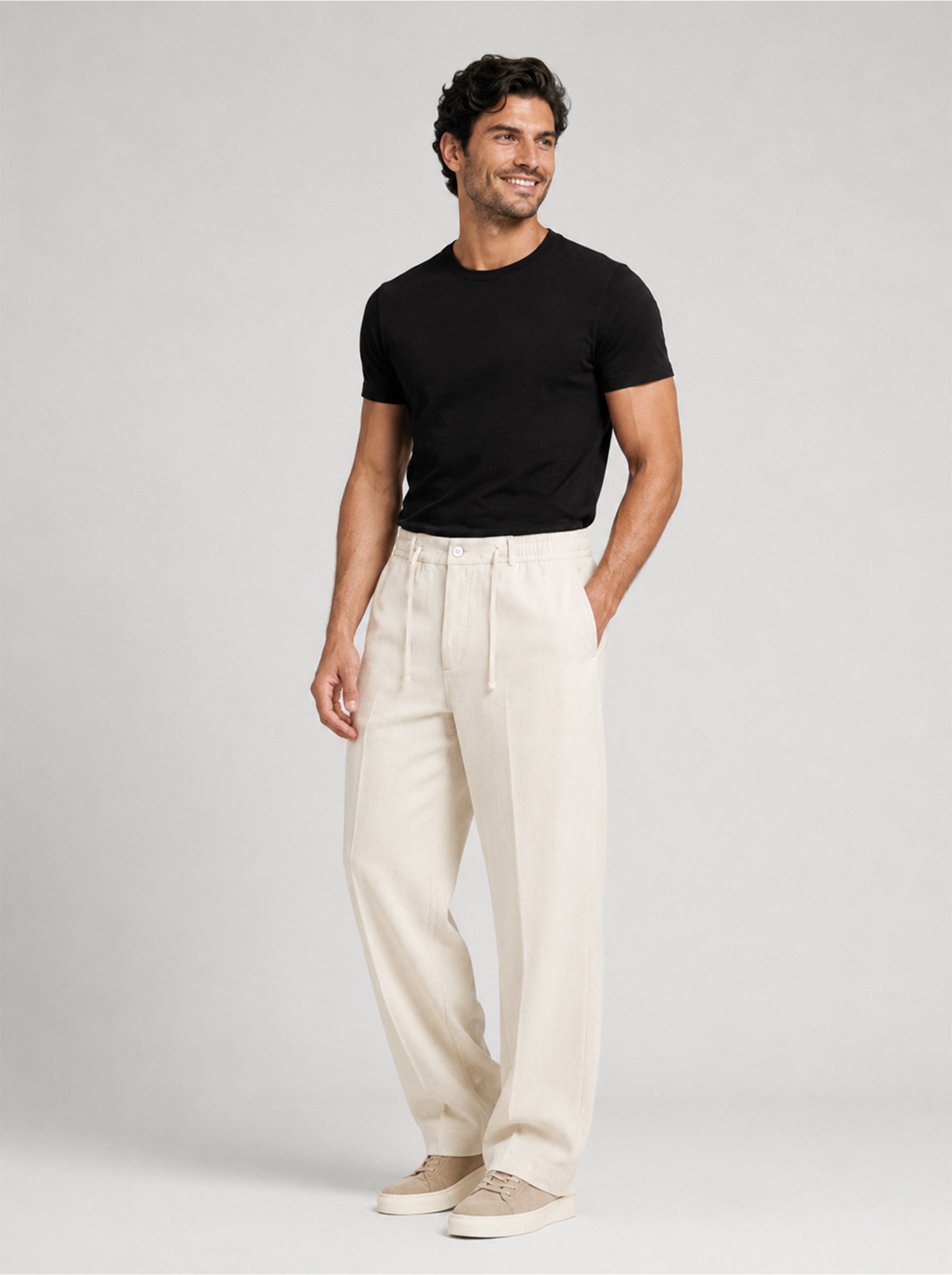 Ekru Relax Fit İpli Baggy Pantolon