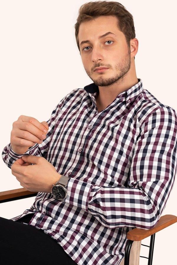 Bordo Lacivert Kareli Slimfit Erkek Gömlek · 3