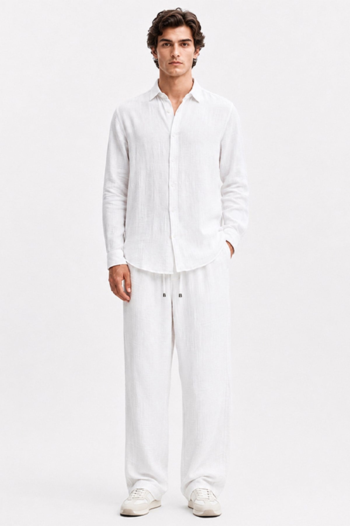 Beyaz Regular Fit Müslin Pantolon