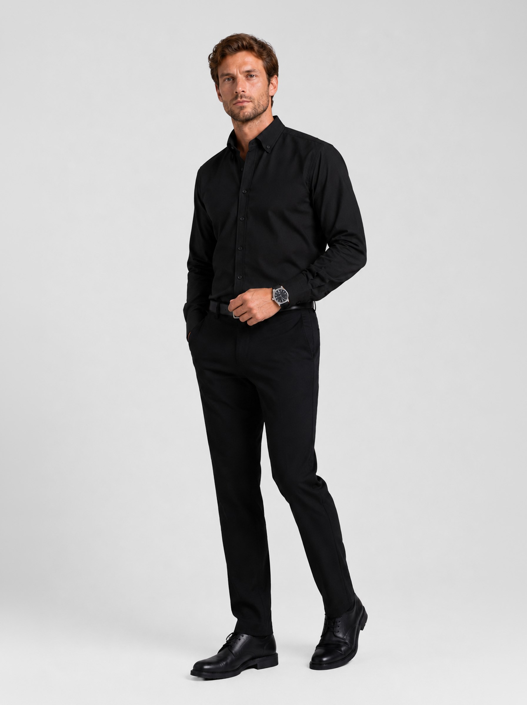 Siyah Yaka Düğmeli Premium Şamre Slimfit Erkek Gömlek · 2