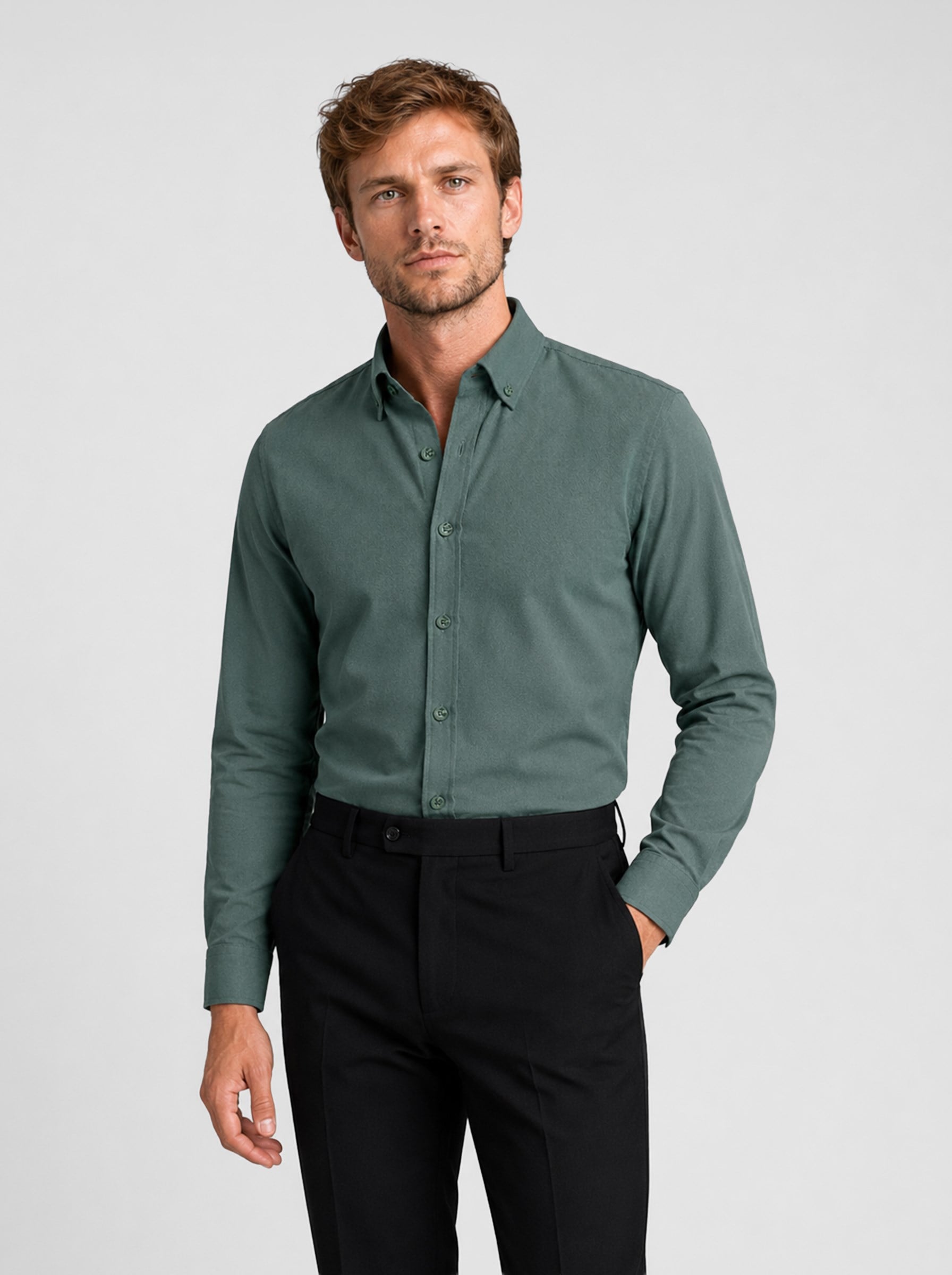 Yeşil Yaka Düğmeli Premium Şamre Slimfit Erkek Gömlek