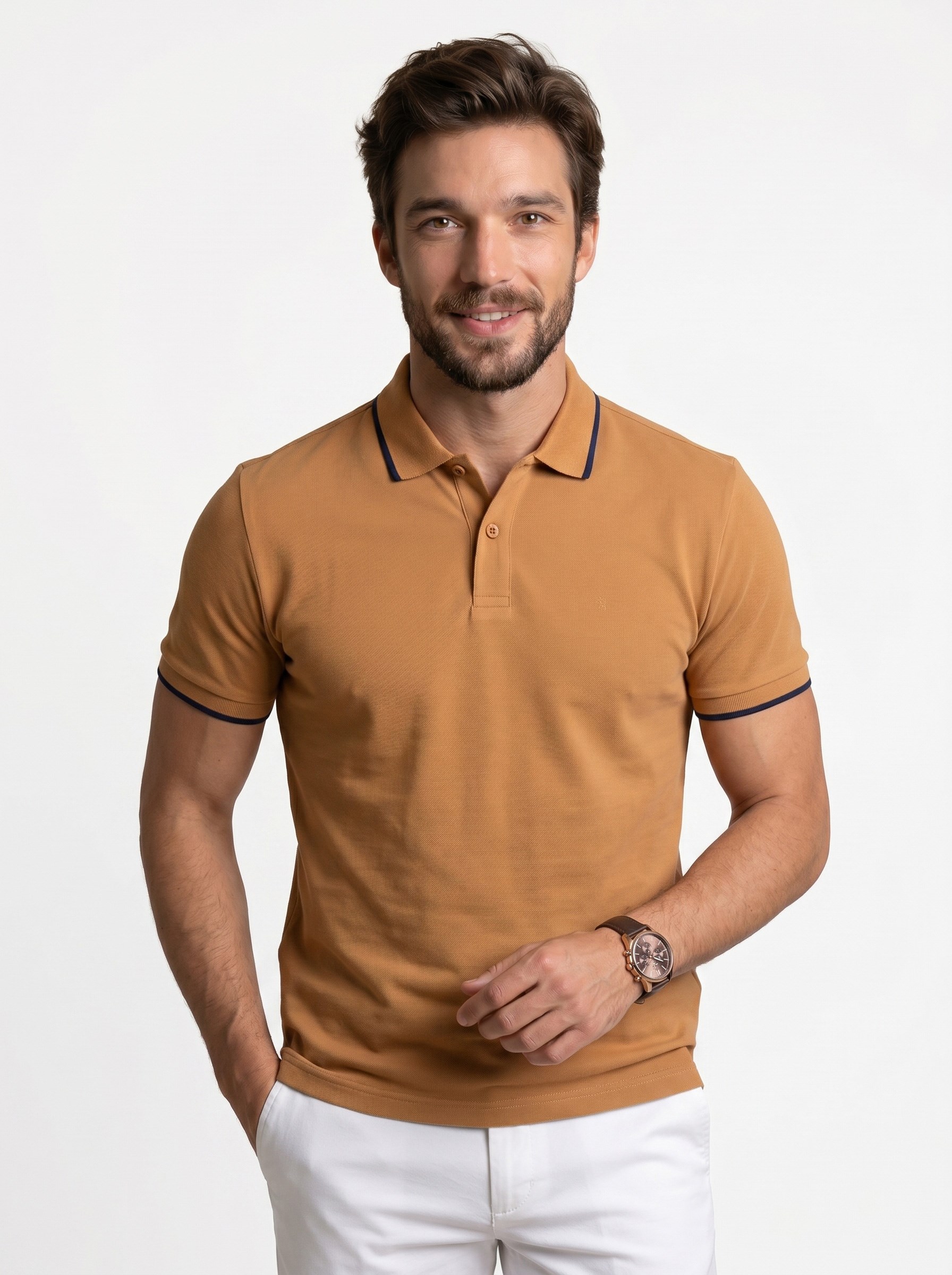 Taba Lacivert Yaka Çizgili Erkek Polo Yaka Tişört