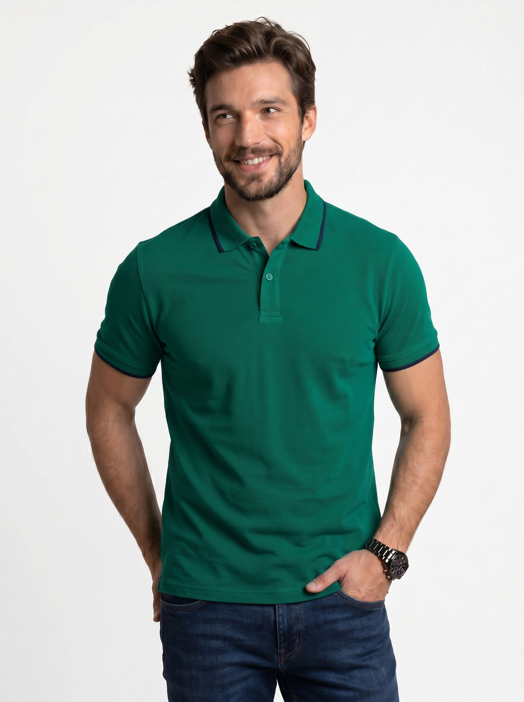 Yeşil Lacivert Yaka Çizgili Erkek Polo Yaka Tişört