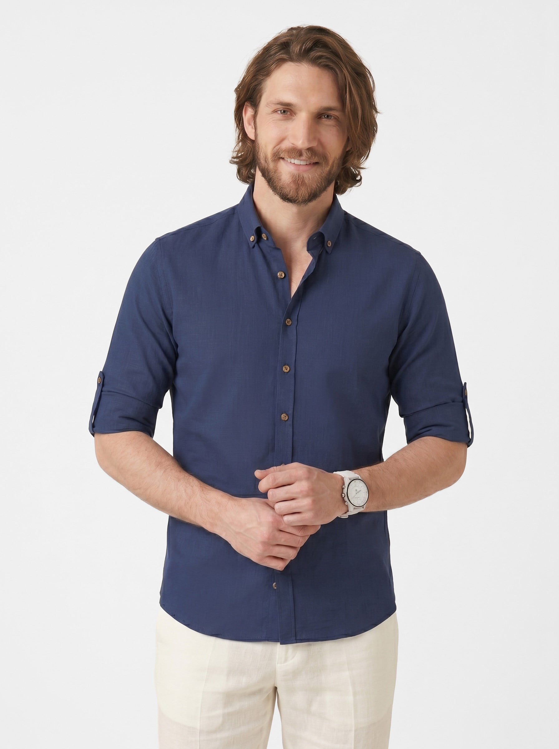 indigo Yaka Düğmeli Keten Slimfit Erkek Gömlek