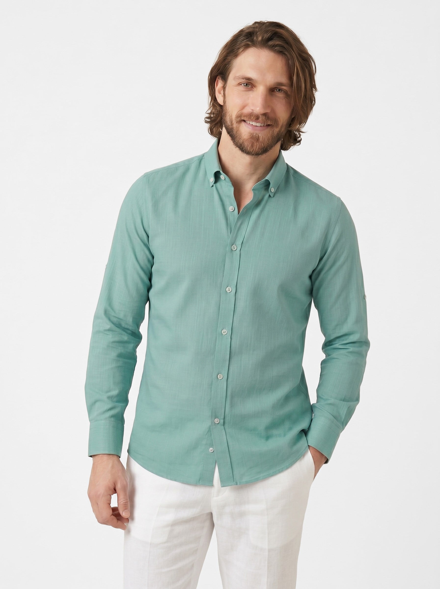 Mint Yaka Düğmeli Keten Slimfit Erkek Gömlek