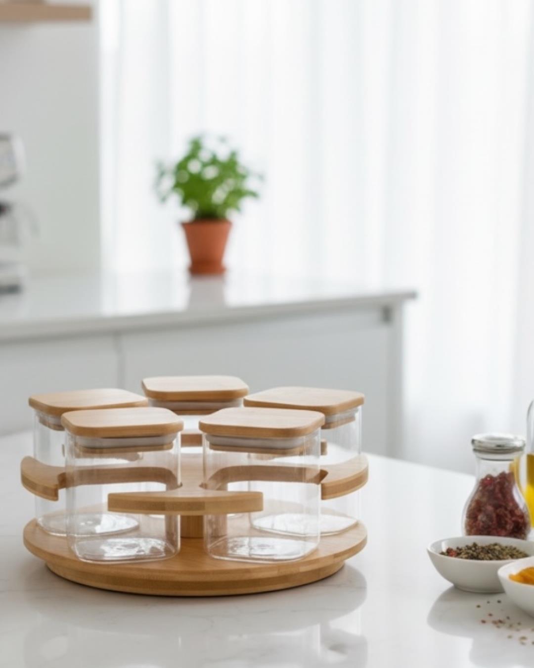 PAÇİ-KARE 5'Lİ BAMBU STANDLI DÖNER BAHARATLIK SETİ