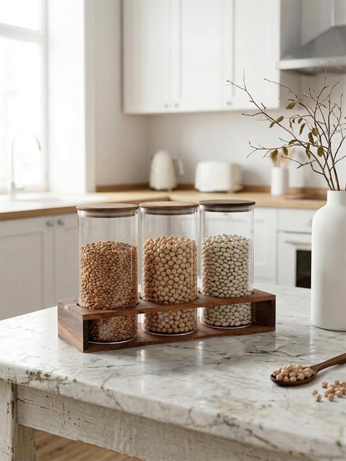 PAÇİ-3 PARÇA YUVARLAK AKASYA STANDLI CAM KAVANOZ