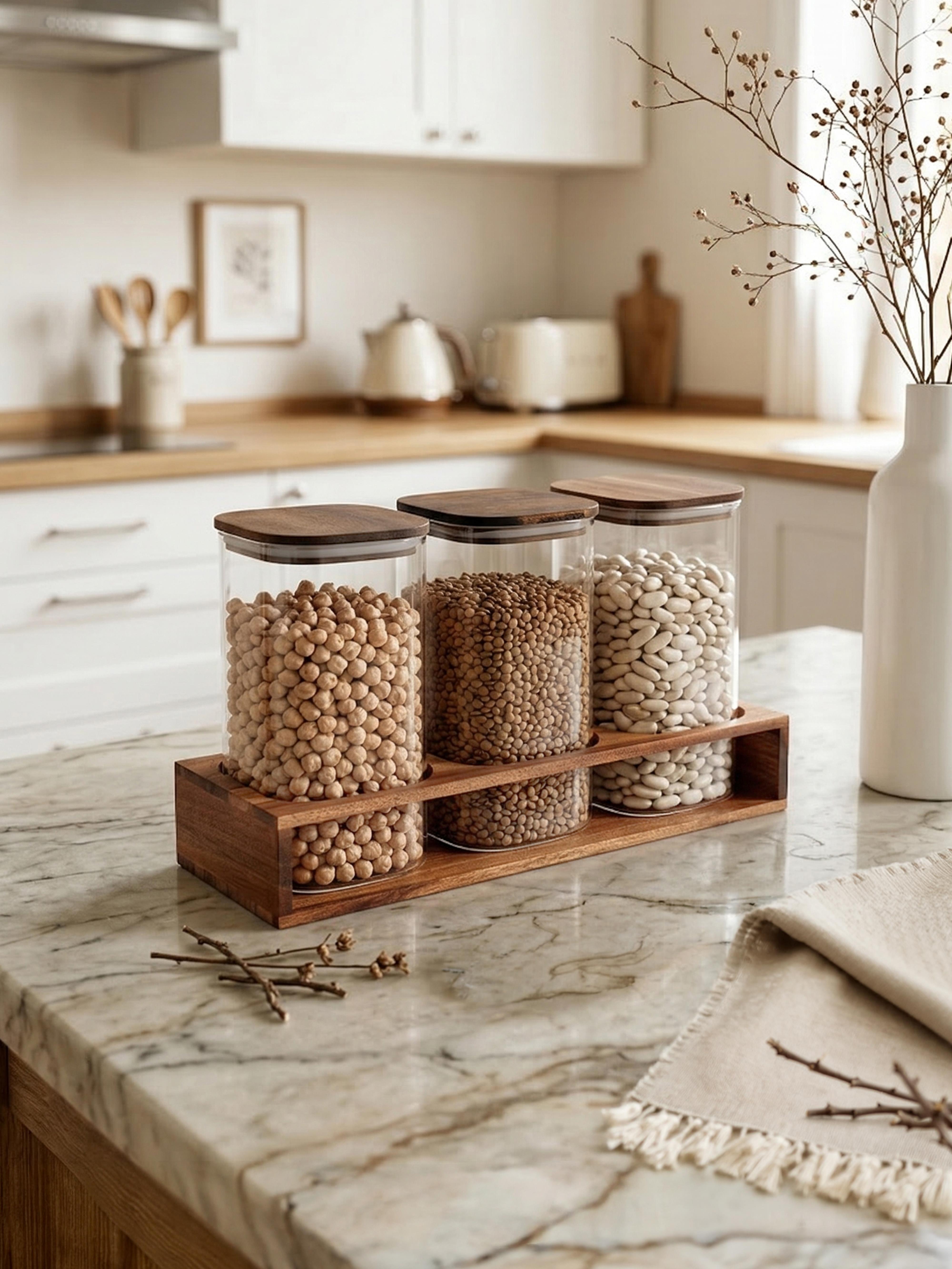 PAÇİ-3 PARÇA DİKDÖRTGEN AKASYA STANDLI CAM KAVANOZ