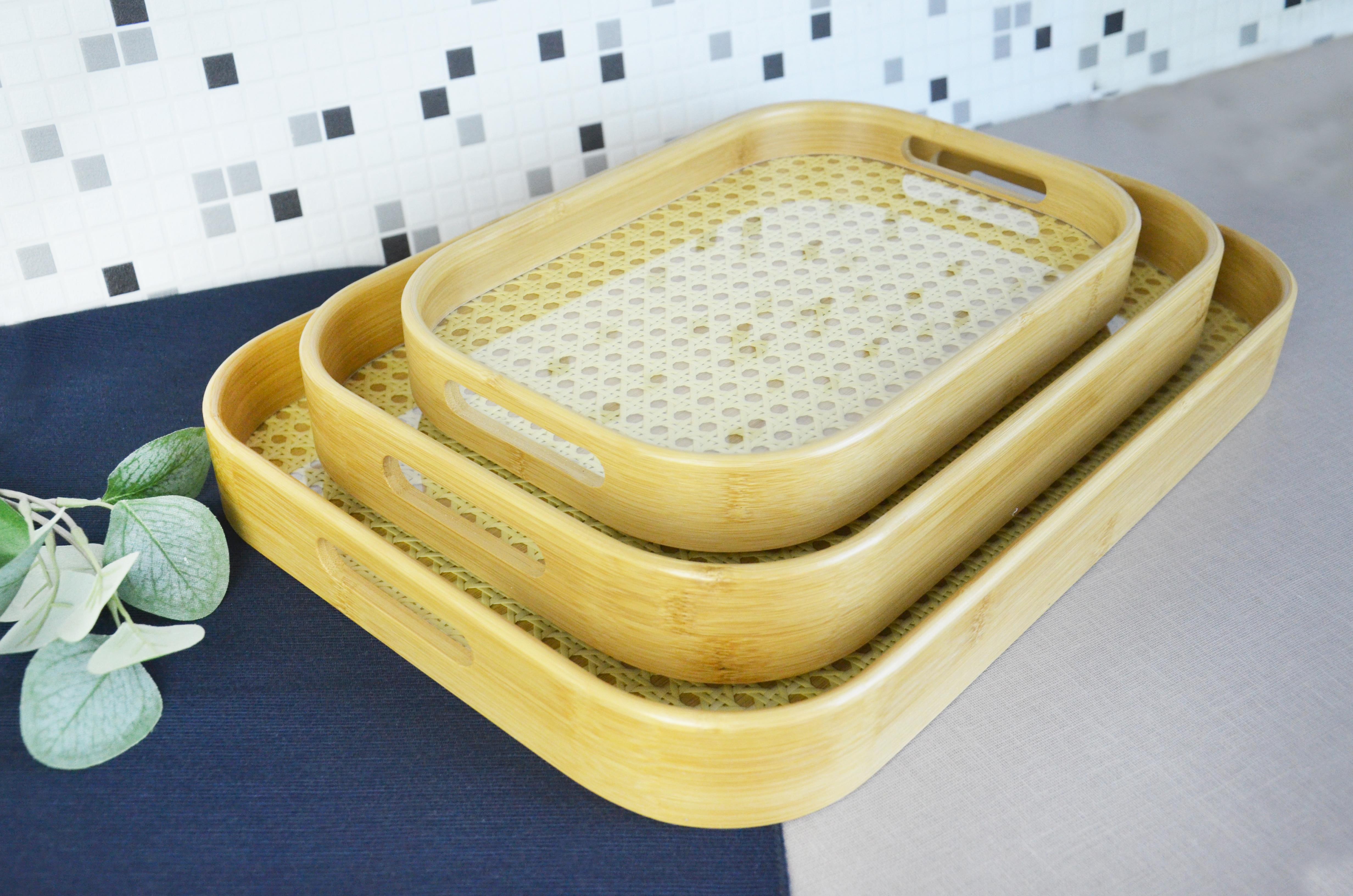 PAÇİ-BAMBU 3'LÜ DERİN DİKDÖRTGEN CAMLI DEKORATİF TEPSİ