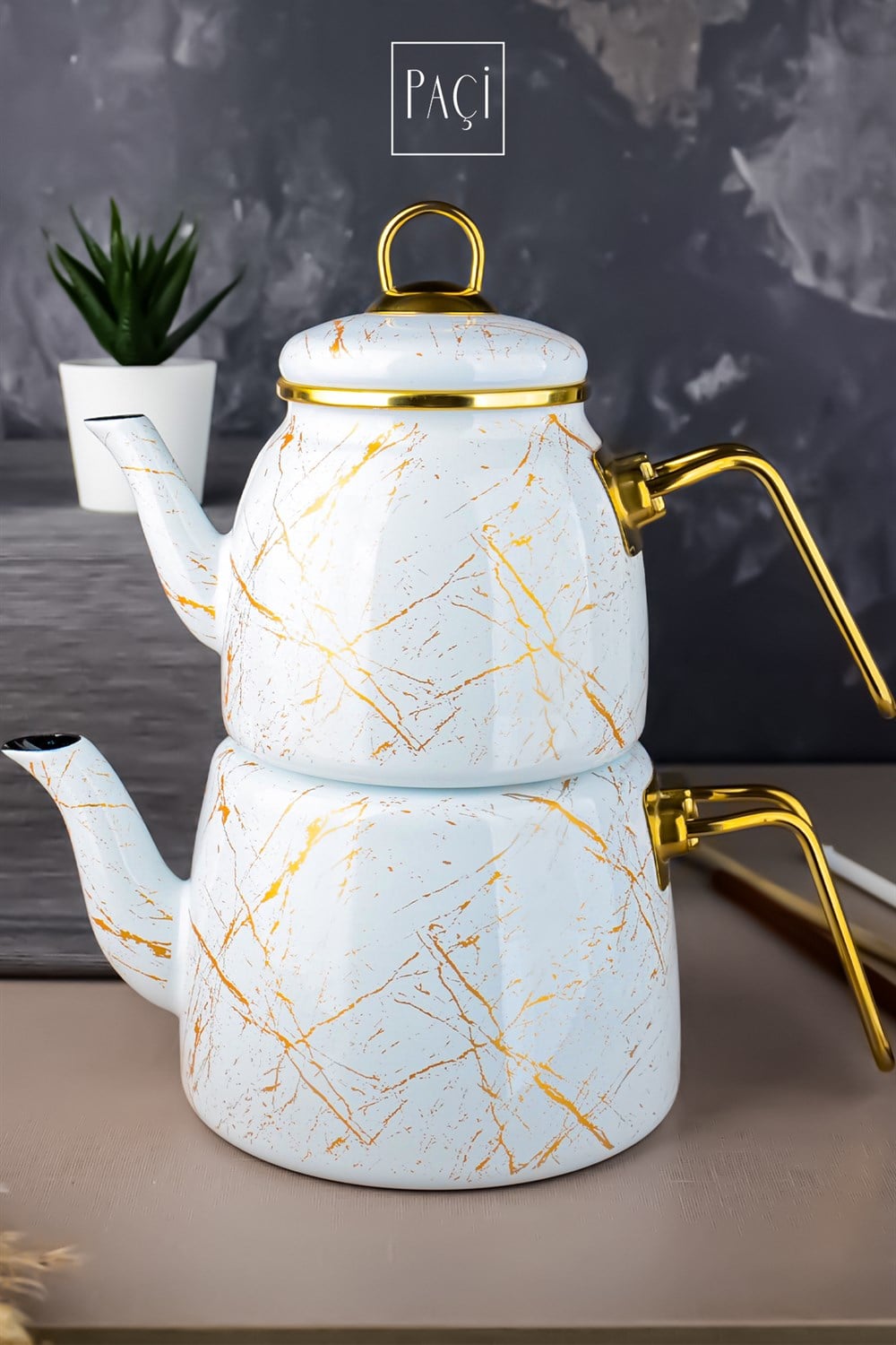 Paci Elite Class - Teiera Caydanlik In Smalto Turco, Bianco Marmorizzato, Adatta A Induzione. Elegante E Pratica Per Un Tè Perfetto. - 2